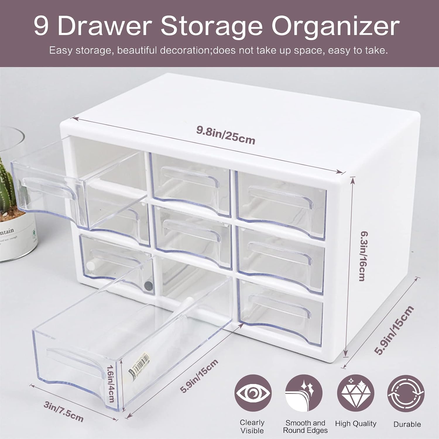 Desk Storage Organizer with 9 Drawers, MYKASEN Clear Plastic Storage Cabinet, Stackable Desk Storage Box for Makeup Office Craft Hardware Art Supplies, 9.8x6.3x5.9inch(White) image 2 of 7 B09YN9D33K