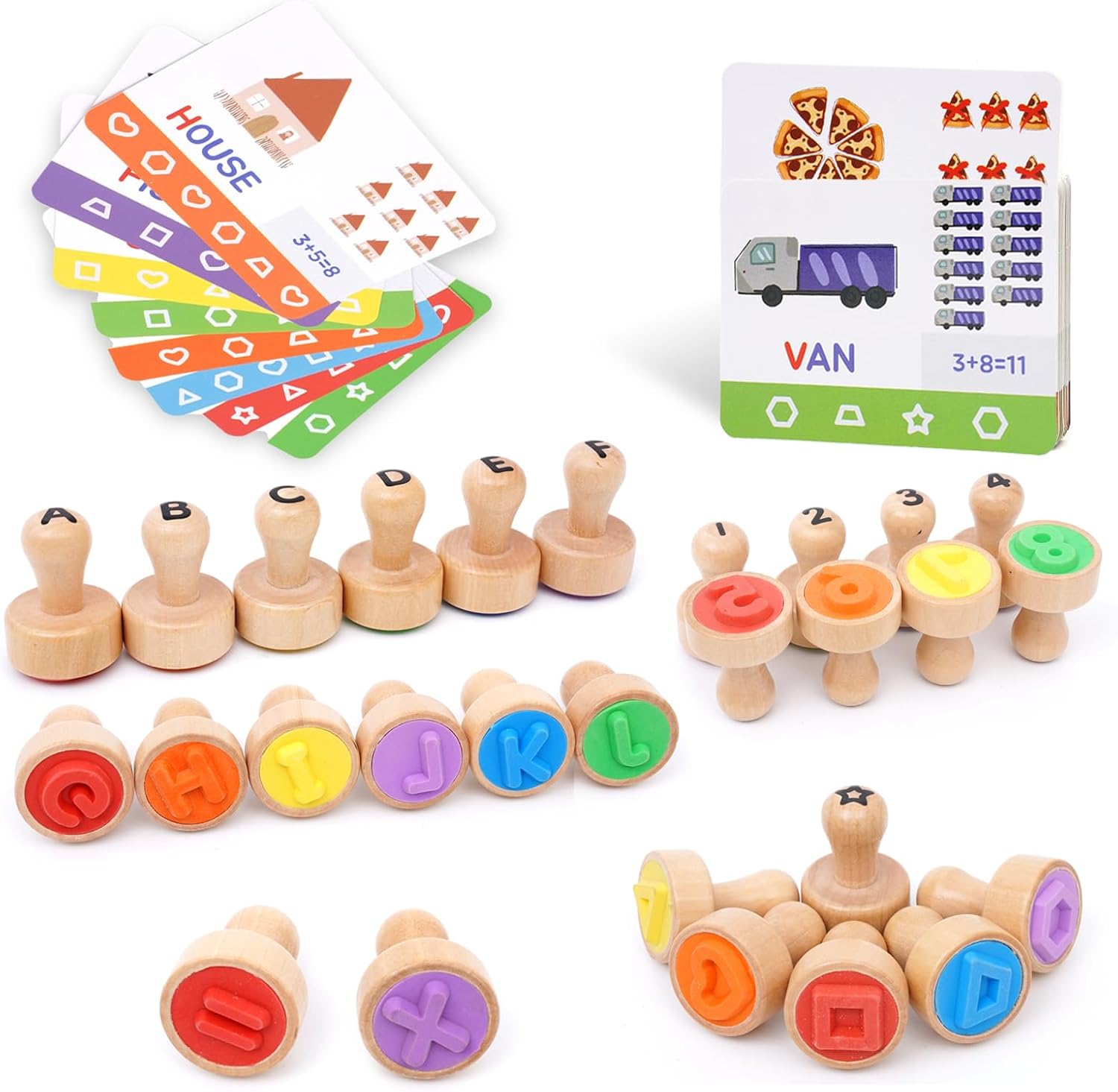 Letter Number Stamps for Kids, Wooden Alphabet ABC Spelling Mathematics Stampers Set with Flashcard for Kids Birthday Gifts, Thanksgiving Christmas Party Supplies Educational Montessori Toy