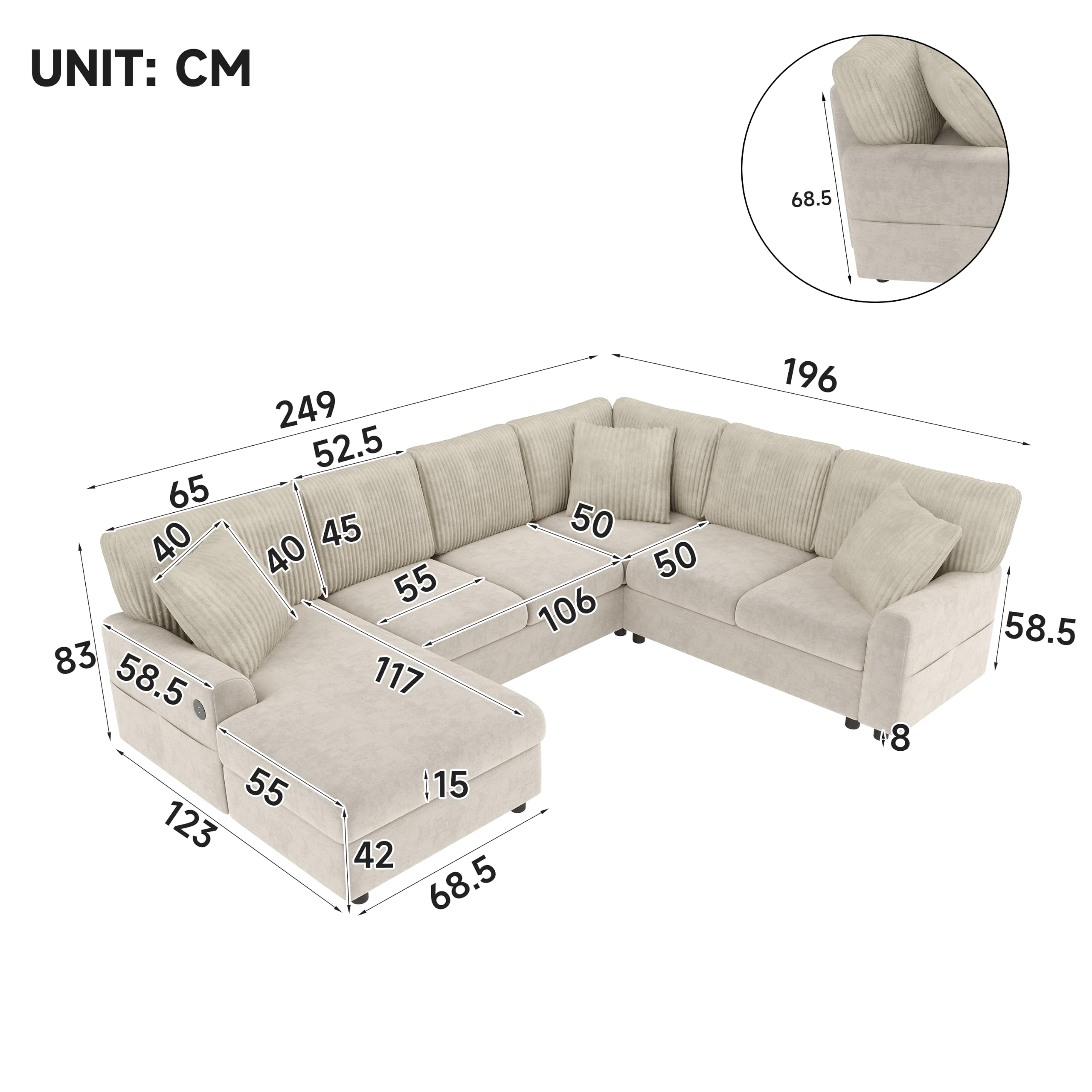 Sofá esquinero moderno en forma de U con 1 chaise longue, 3 cojines, color beige, 249 x 83 x 196 cm, reposabrazos laterales con bolsillos para revistas