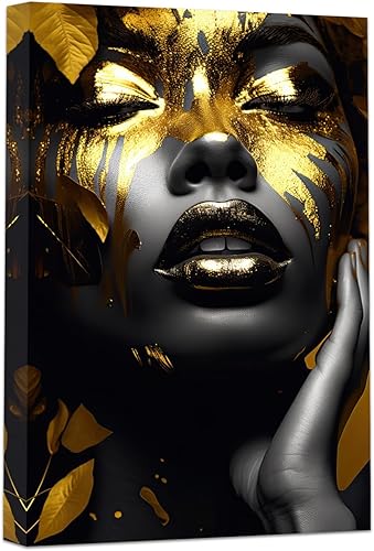 DOARTDO Lienzo de pared afroamericano enmarcado, pintura de retrato negro y dorado, cuadros de mujeres negras para decoración de pared de sala de