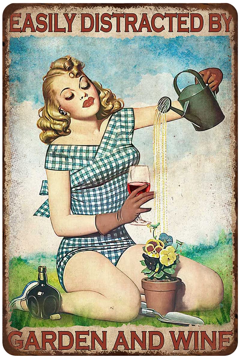 AZOLID Metal Tin Signs Easily Distracted by Garden and Wine Tin Sign Vintage Bar Club Cave Home Kitchen Wall Art Decor 20X30CM