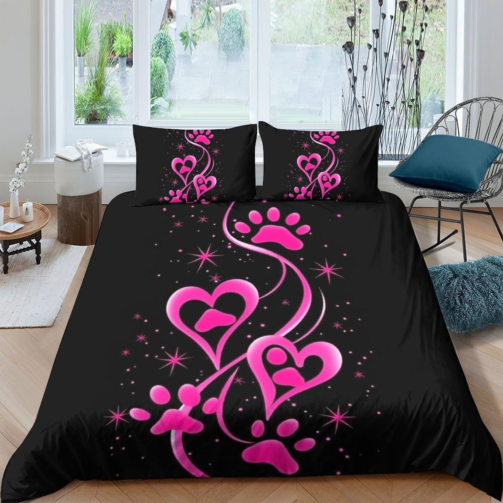 P5V6M1Q9 3D Printed Pink Heart Paw Duvet Cover Microfiber Soft Breathable Black Bedding Set with 2 Pillowcases for Bedroom Decor Single（135x200cm）