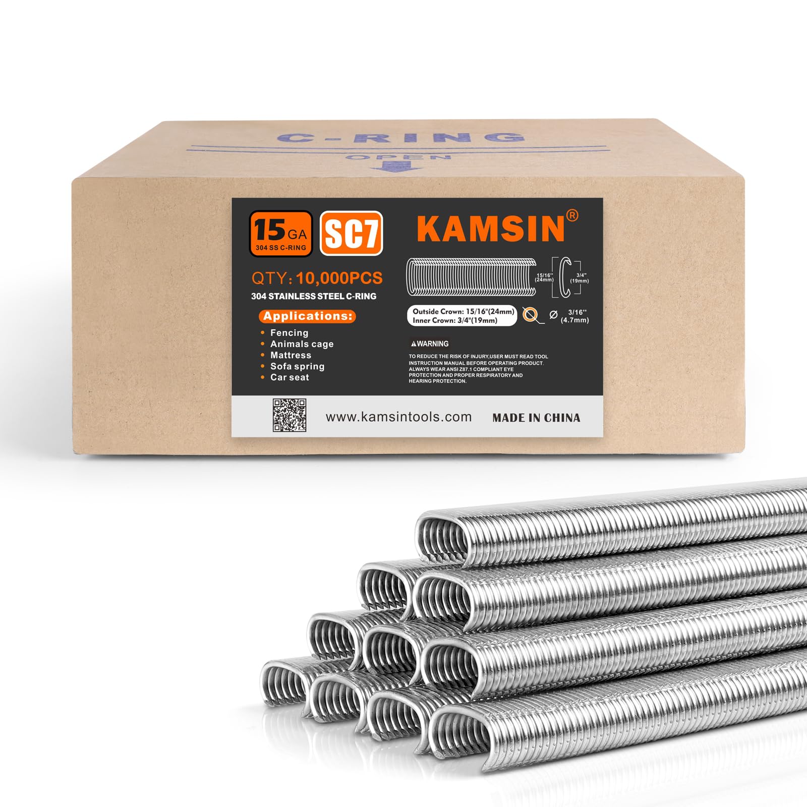 SC7 15GA 304 Edelstahl C-Ring Klammern 19mm 10.000 St. für Zäune | 19mm Innen-/24mm Außenkrone, 4,8-5,2mm Verschluss, 304 Edelstahl-rostfrei, für 15GA C-Ring-Zangen, Polster, Matratzen&Käfige