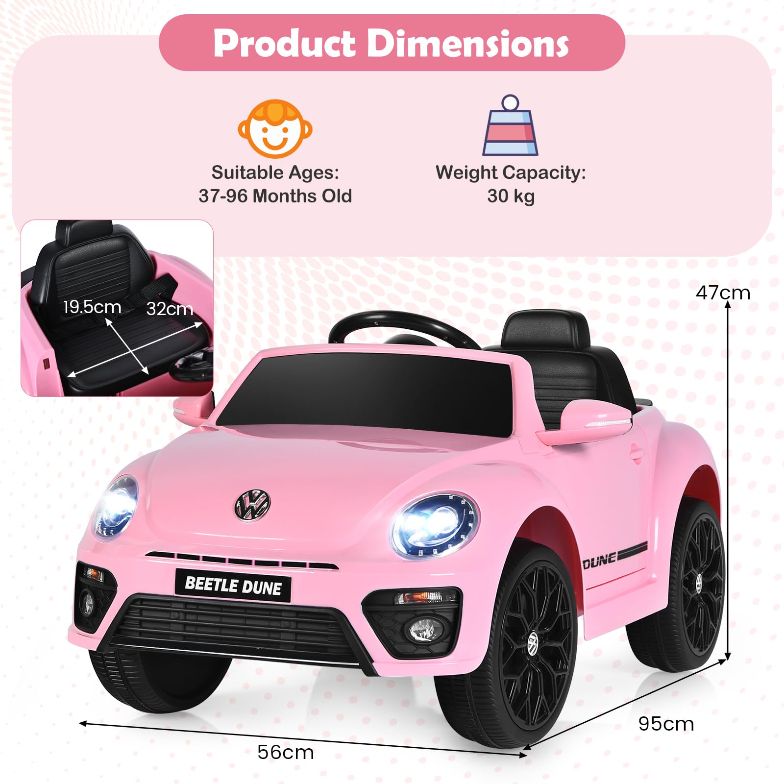 SOARS Macchina Elettrica per Bambini Volkswagen Beetle Maggiolino 12V con Telecomando, Auto Elettrico a Pedale, Veicoli con Musica, Fari LED e Clacson, 3-5km/h, Carico 30 kg, 3-8 Anni (Rosa)