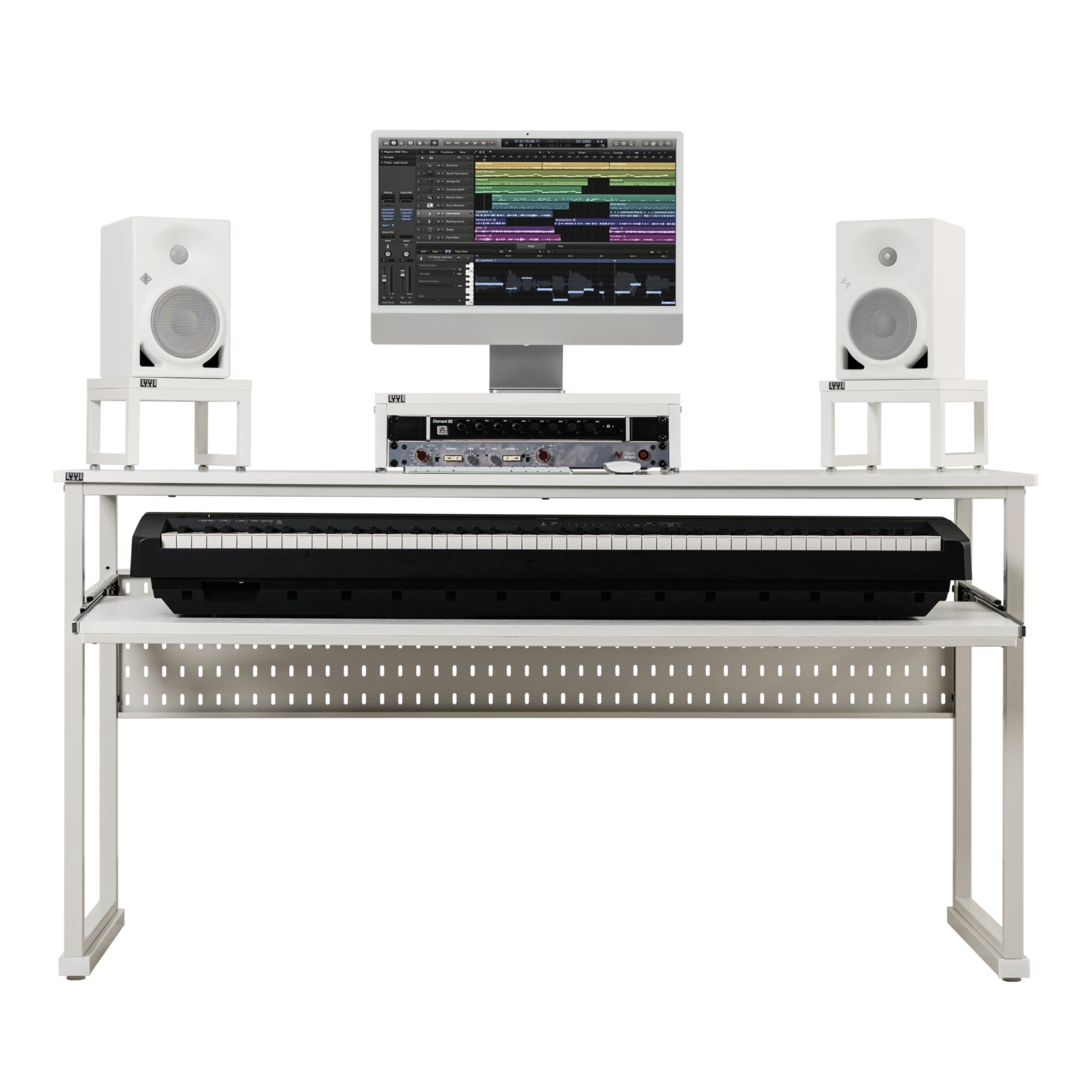 LYYL Music Studio Desk with Keyboard Tray and Height Adjustment Bracket, for Full 88 Keys (Music Producer Desk)(White, 88 Keys)