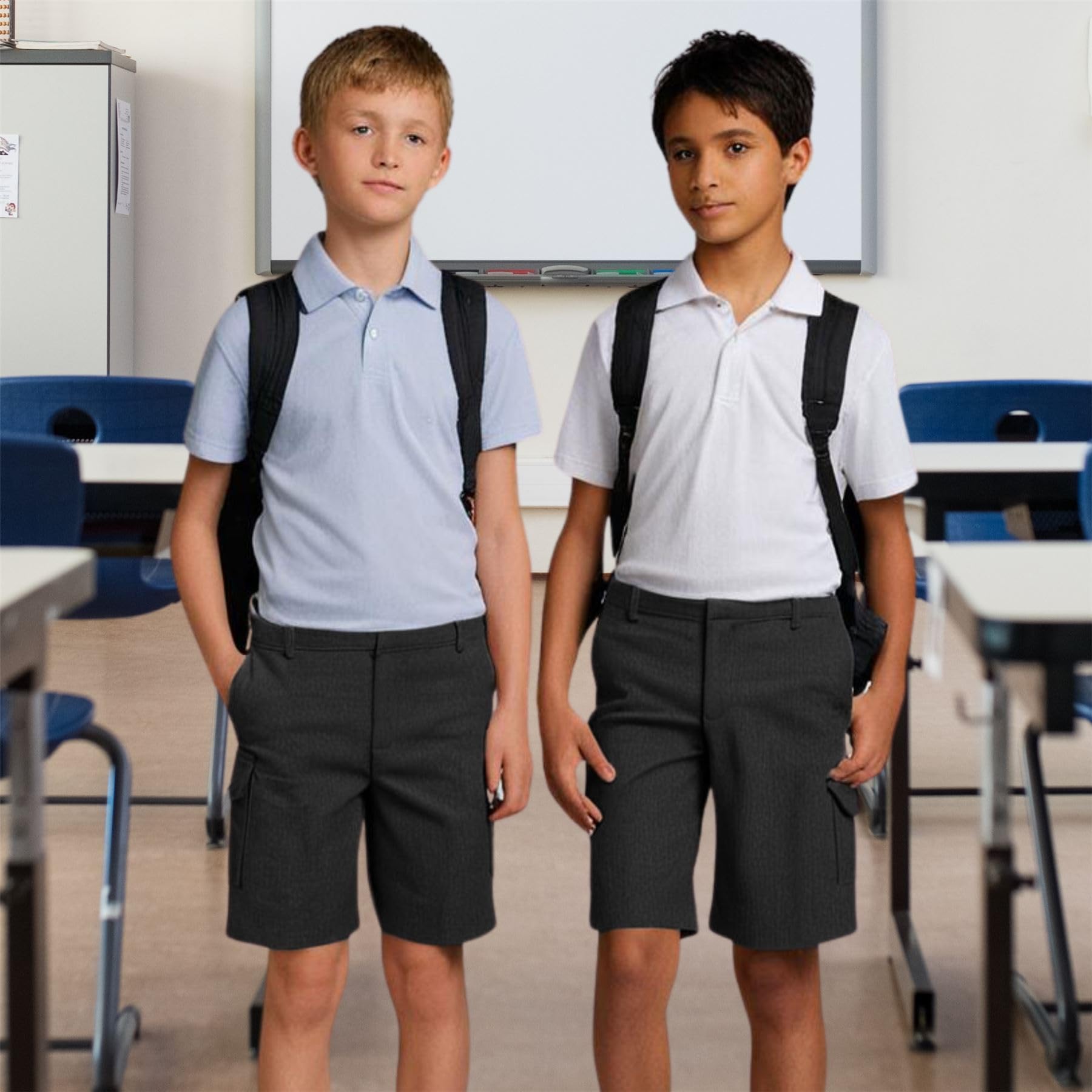 Pantalones cortos escolares cargo para niños, paquete de 2 pantalones cortos de uniforme de cintura ajustable, elegante y práctico, uniforme escolar de verano para edades de 2 a 13