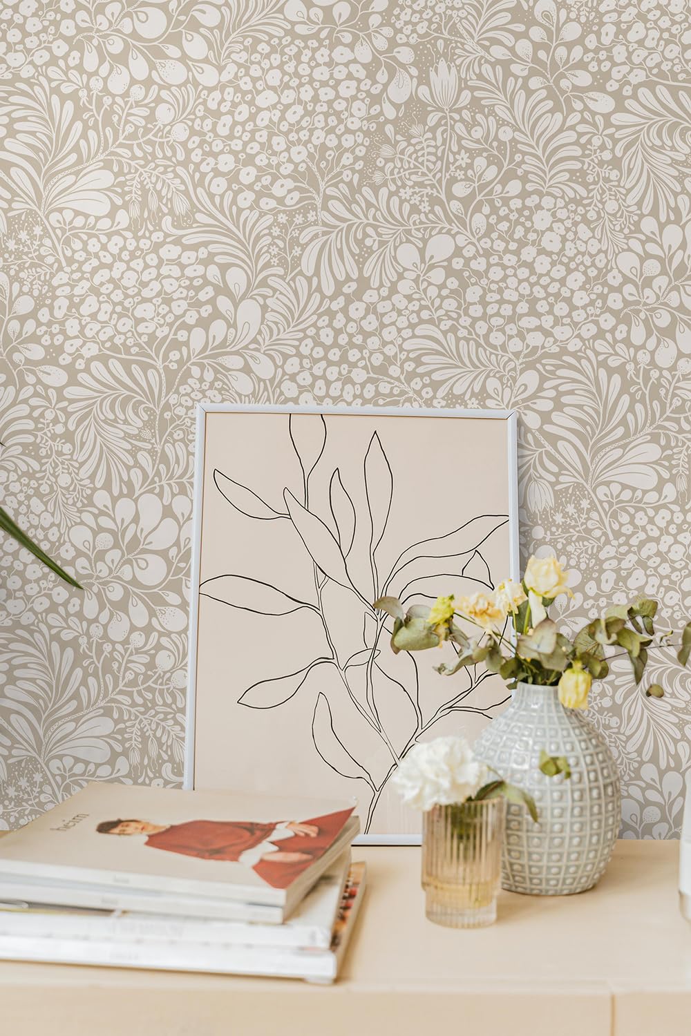 LiKiLiKi Vinyl Wrap Beige Floral Wallpaper Vintage Self Adehesive Wallpaper 41 X 600 cm Stick Back Plistic Roll Waterproof Contact Paper for Living Room Bedroom Peel and Stick Cabinet - Image 3