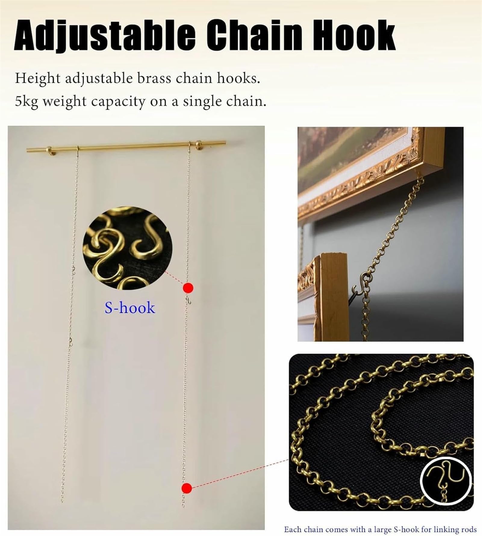 Sistema appendiquadri in Ottone Antico, Set di Sospensione con Catena Metallica per gallerie o salotti, Regolabile per cornici e Stampe su Tela 1.6m/63