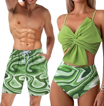 Matching Swimsuit Couples Green Wave Large Bowknot High Waisted Bikini Set & Matching Men Swim Trunks
