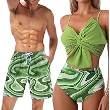 Traje de Ba&ntilde;o Coincidente Parejas Green Wave Large Bowknot High Waisted Bikini Set & Matching Men Swim Trunks