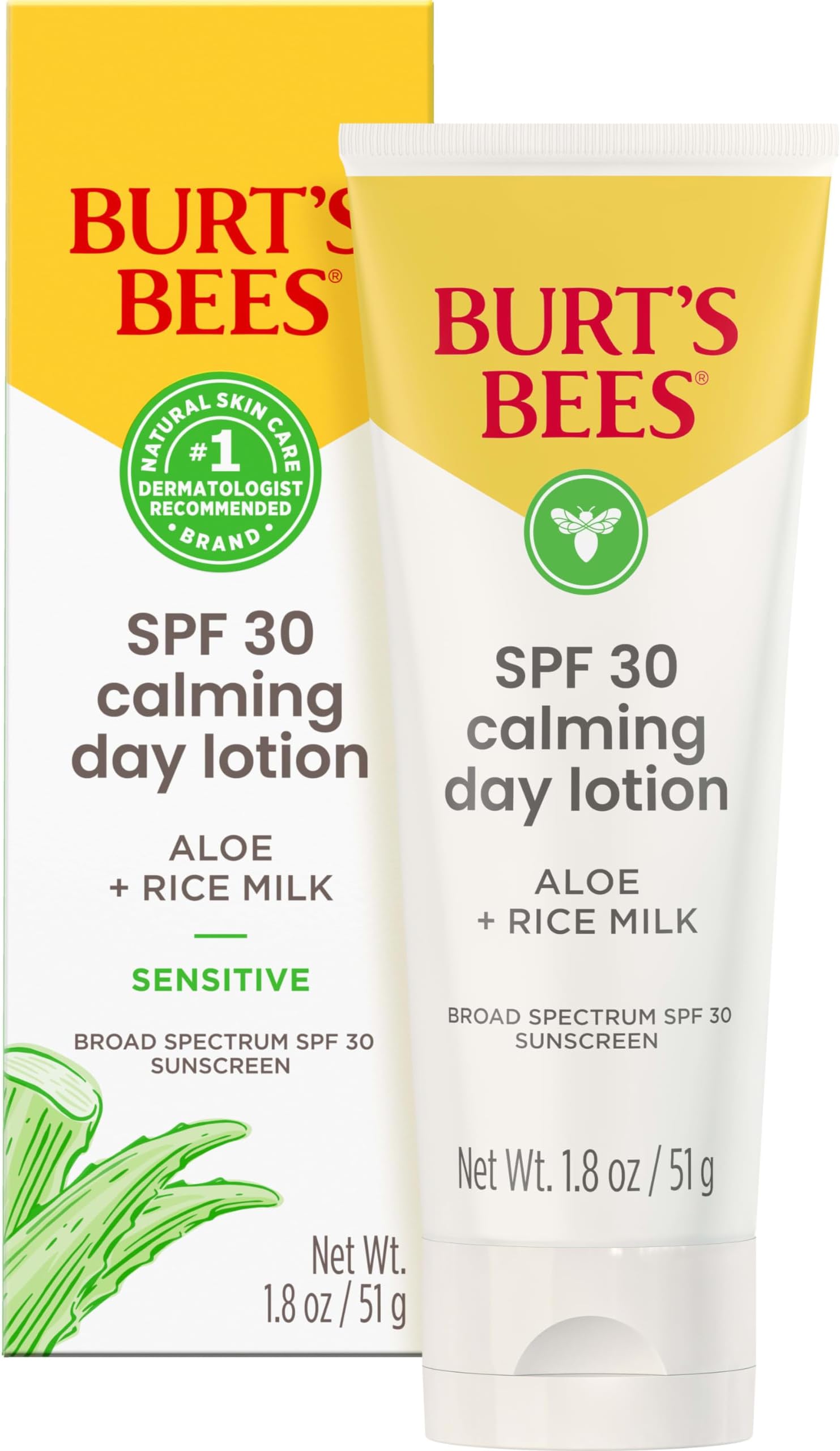 Burt's Bees SPF 30 Calming Day Face Lotion With Aloe and Rice Milk for Sensitive Skin, Sunscreen Face Lotion Soothes Redness and Irritation, 99.4 Percent Natural Origin Skin Care, 1.8 oz. Tube