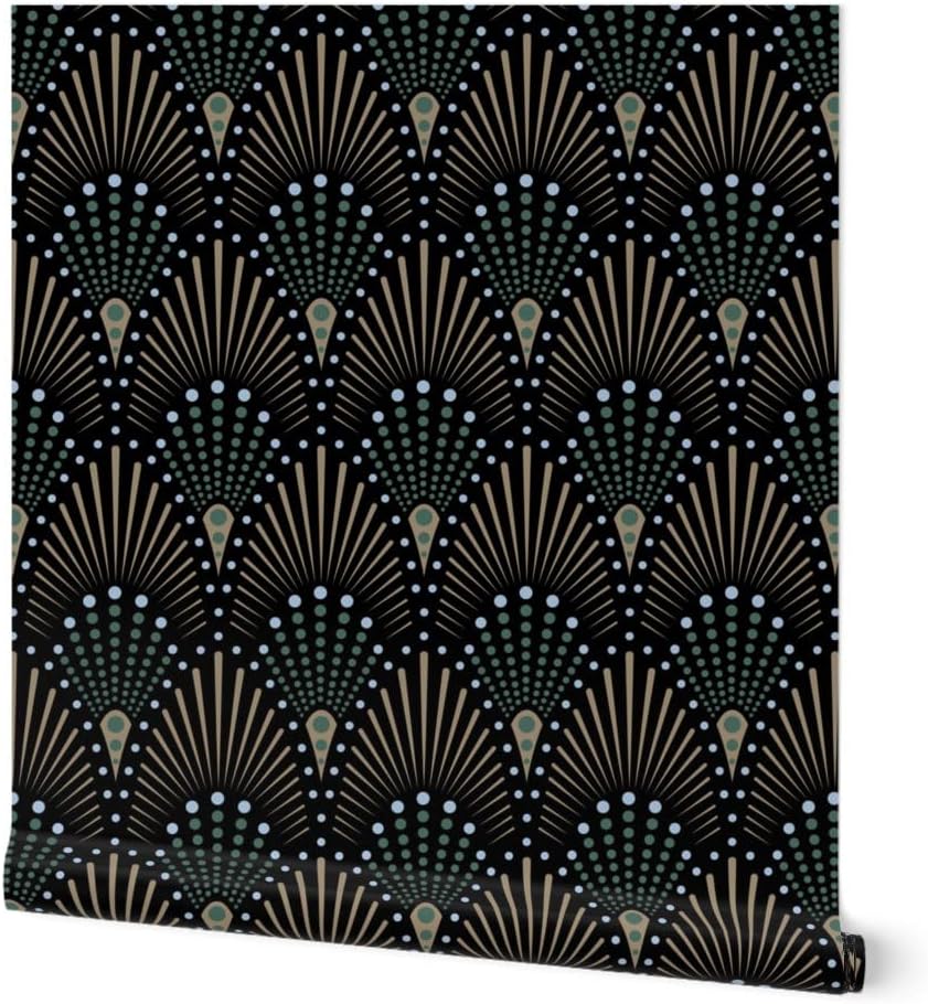 Peel & Stick Wallpaper 3ft x 2ft - Art Deco Fan Black Green Brown Gold Geometric Dots Custom Removable Wallpaper by Spoonflower