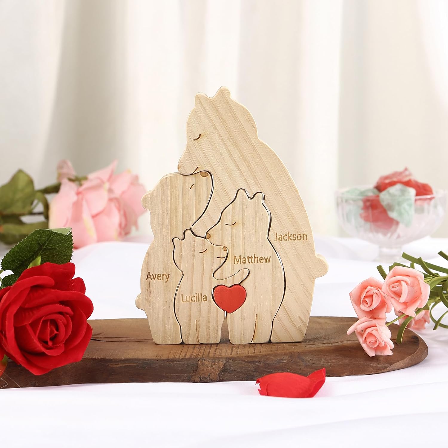 Custom Wooden Bear Family Puzzle with 2-6 Names, Colorful Heart Design, Name Puzzle for Mom & Dad, Ideal for Mother's Day Father's Day Thanksgiving Christmas (Style 1, 4 Names)