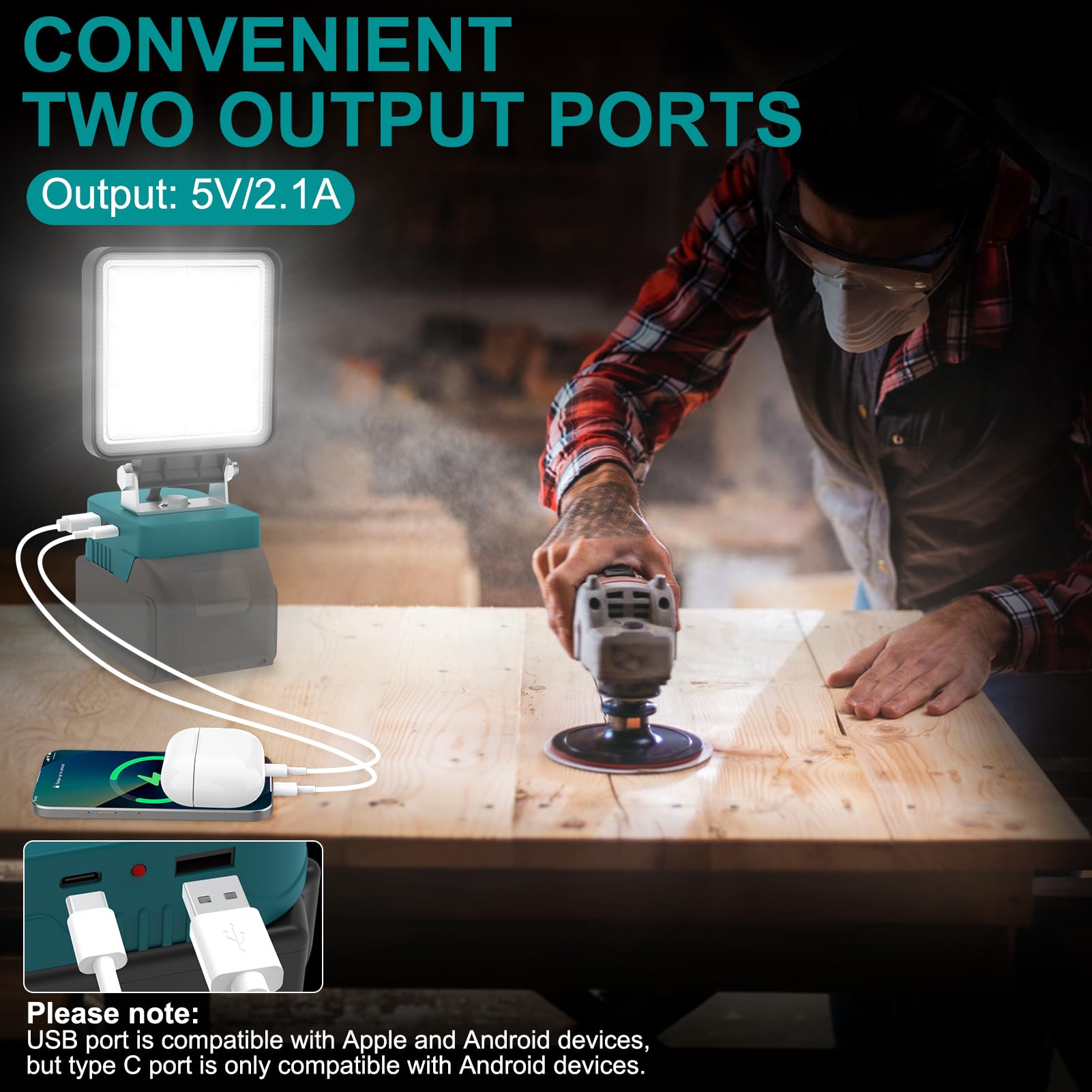 NATPOW Lampe de Chantier Compatible avec Makita 18V, Lot de 2 5200LM Projecteur, 2 Modes 6000K Éclairage Chantier Portable avec Type C et USB pour Chantier, Garage, Camping, Pêche, Sans Batterie