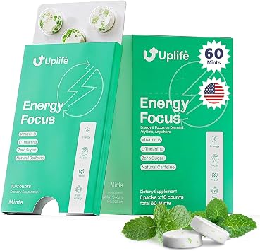 Uplife Energy and Focus Mint 60 pcs, 40mg Natural Caffeine + 80mg L-Theanine + Vitamin B12 & B3 | Sugar-Free, Vegan | Nootropic Caffeine Mint for Clean Energy & Mental Clarity, Made in USA, Peppermint