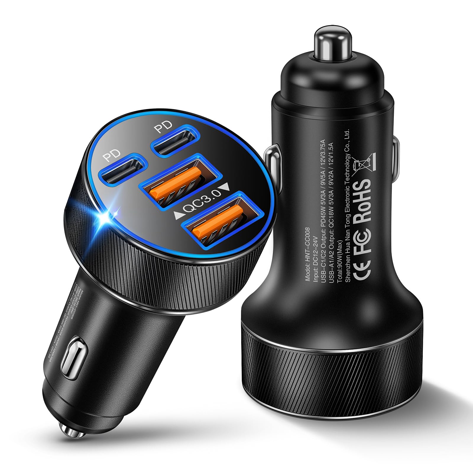 Canjoy Caricabatterie da auto USB C, 90 W, 4 porte, ricarica super veloce, doppio adattatore USB-C e USB-A da 45 W per iPhone 17, 16, 15, 14, 13, 12, iPad, Galaxy, tablet, Android (confezione da 2)