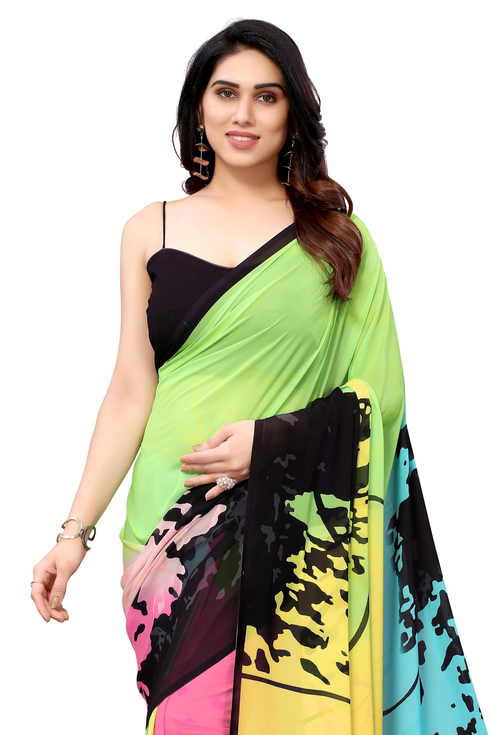 mirchi fashion Women Ready to Wear Georgette Saree with Blouse Piece | Readymade 1 Minute Sarees | Pre Draped Sari (41211-Green, Yellow, Multi)-picture-11