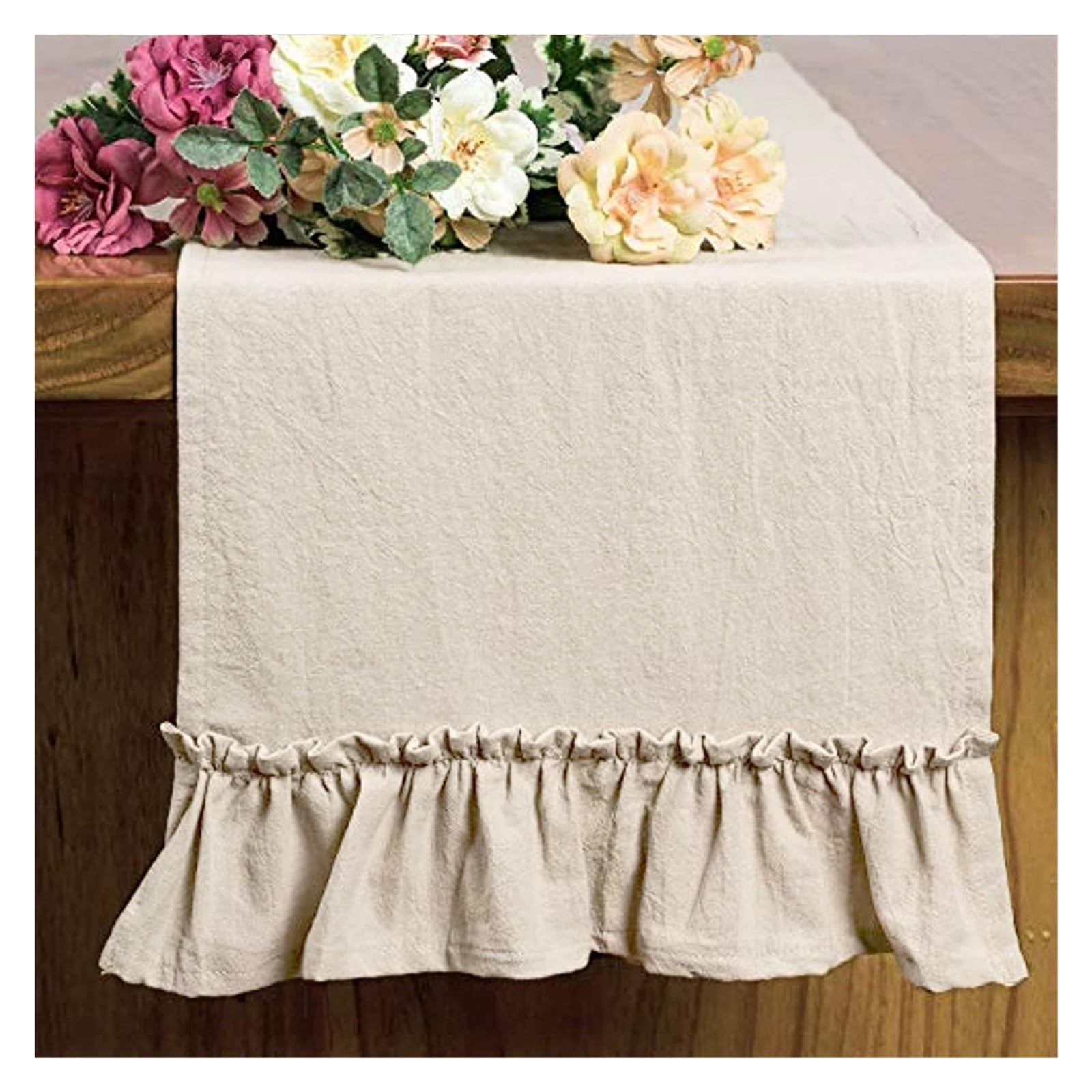 Ruffle Table Runner Pure Color Table Runner Shabby Chic Ruffled for Shower Bride Rustic Home Decoration(Beige,30x180cm)