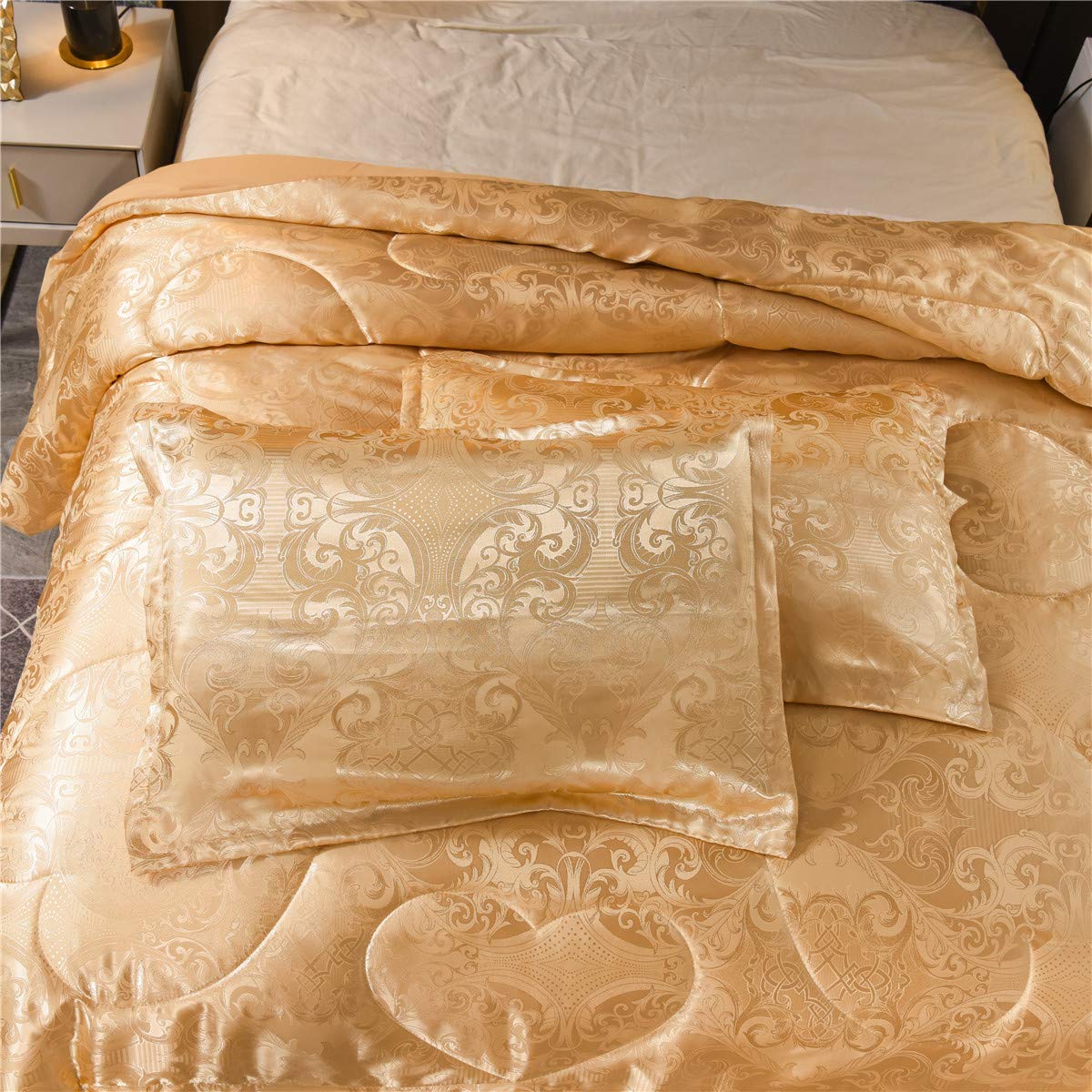 Juego de edredón tamaño Queen: juego de cama de seda dorada de lujo para todas las estaciones, edredón ligero de microfibra suave y juegos a juego con 2 fundas de almohada 6
