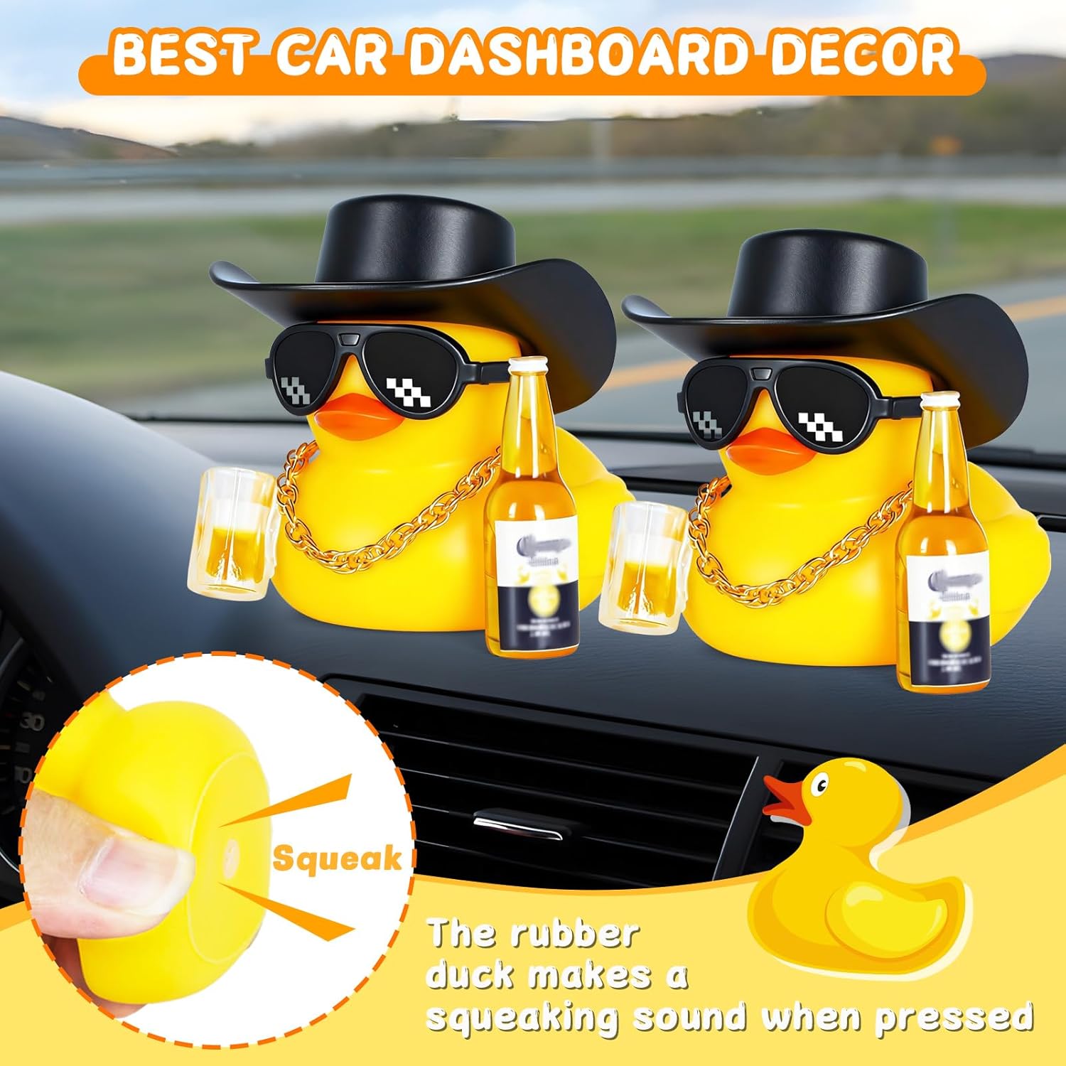 2pcs Rubber Duck Set with Cowboy Hat, Beer Glasses, Sunglasses & Gold Necklace for Car Dashboard Decoration - Squeezable Fun Accessory with Adhesive Stickers