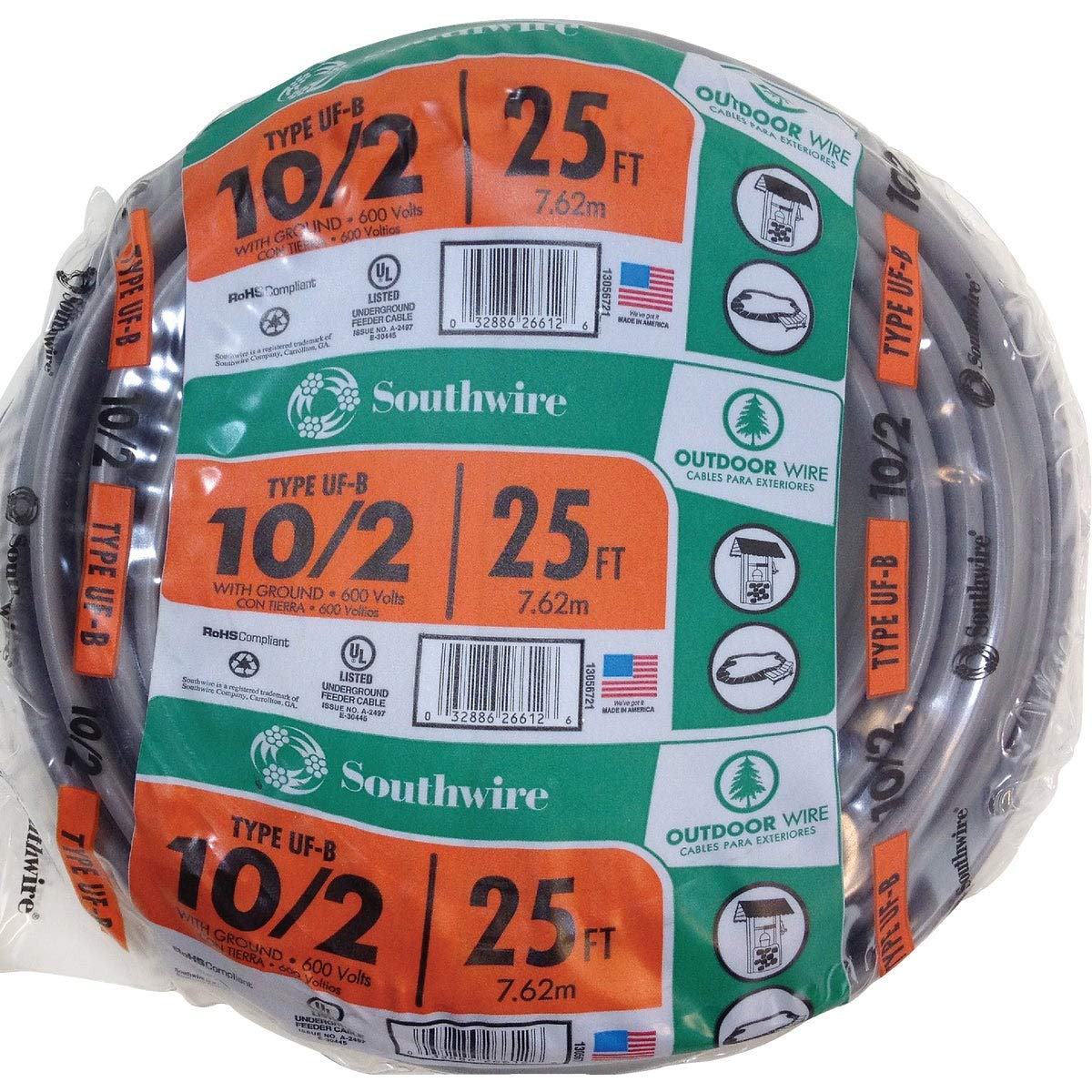 Southwire 10/2 W/G UF Cable alimentador subterráneo y cable de circuito derivado, gris, 25 pies