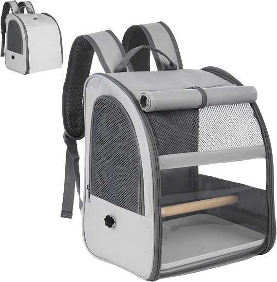 Bird Cage Backpack, Portable Pet Carrier with Standing Perch, Clear PVC, Sturdy 600D Fabric, 12.2 x 9.6 x 15 in, Grey