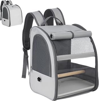 Bird Cage Backpack, Portable Pet Carrier with Standing Perch, Clear PVC, Sturdy 600D Fabric, 12.2 x 9.6 x 15 in, Grey