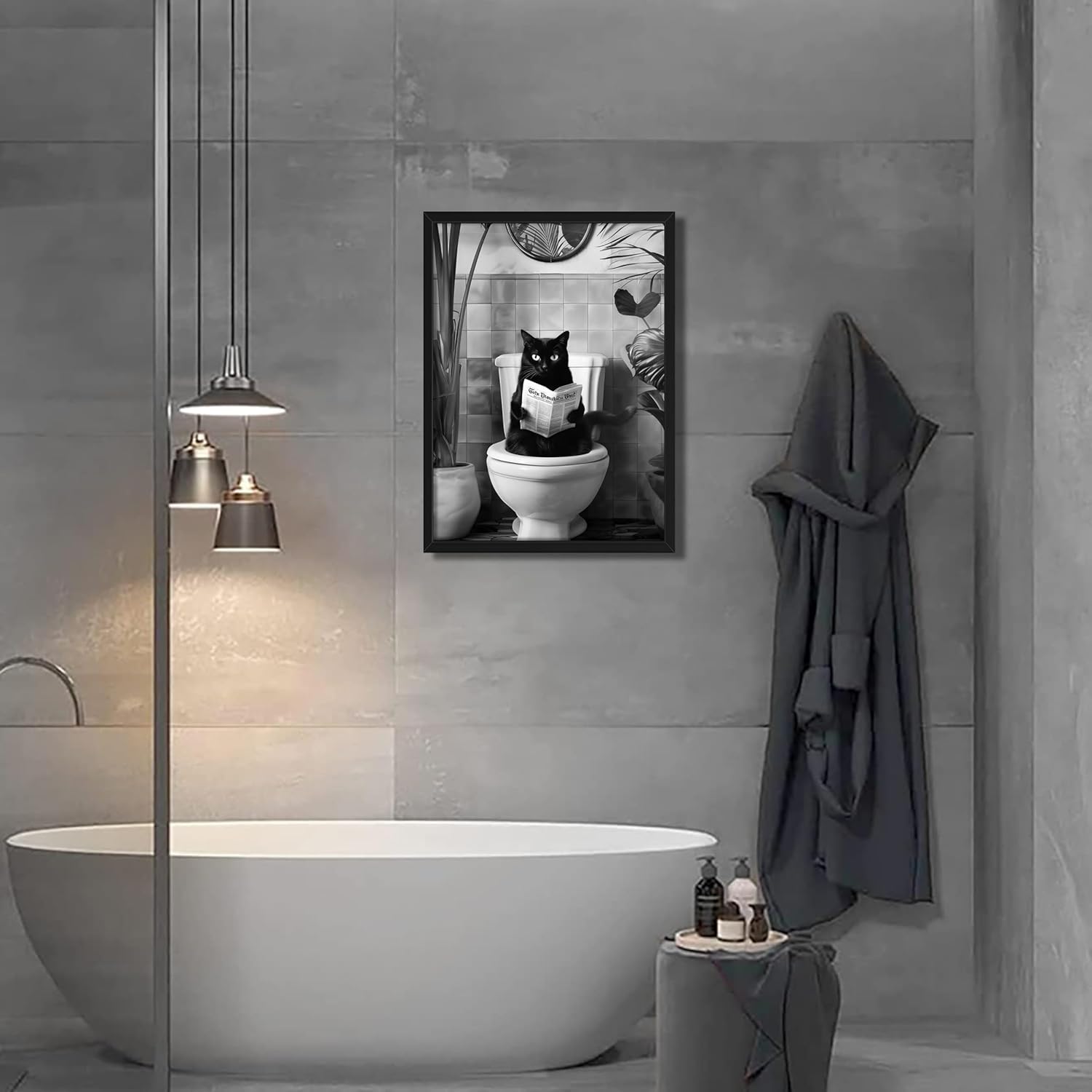 Framed Funny Cat Bathroom Wall Art, Black Cat the Toilet Reading Newspaper Canvas Wall Decor Painting, Cute Black and White Animal Prints Pictures for Bathroom Restroom 16x24 Inch