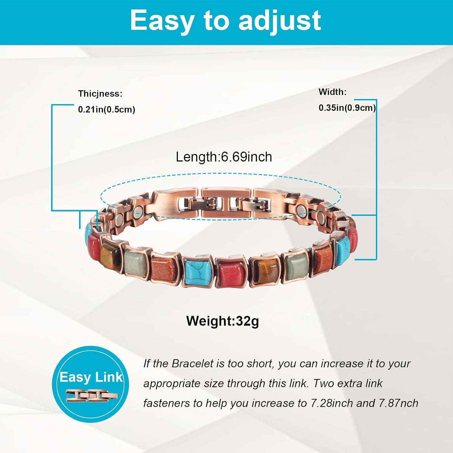 Copper Bracelets for Women, Pure Copper with Colored Turquoise Bracelet, 3500 Gauss Magnets, Fashion Jewelry（FUTI-2） image 2
