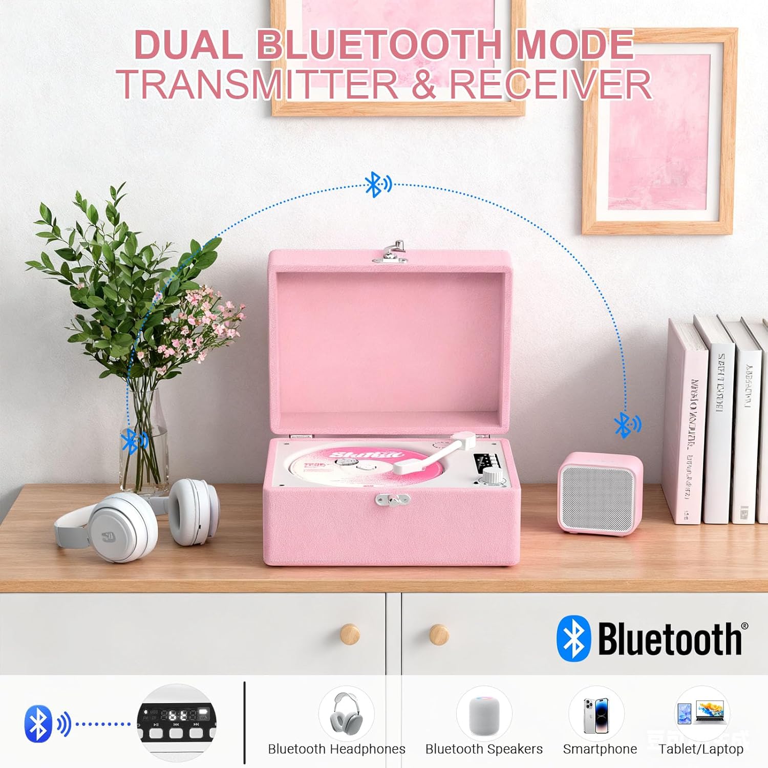 CD Player Portable Bluetooth, Pink Retro CD Player Leather for Home Music Player, Rechargeable Battery & Built-in Speakers, USB & AUX Playback, Vintage CD Stereo for Home Decor Gift(Light Pink)