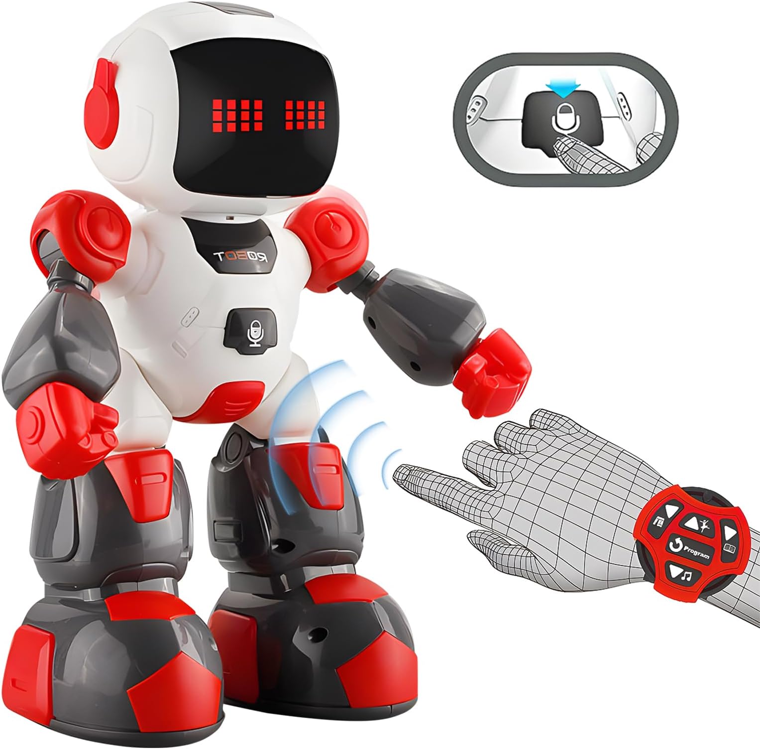 RC Robot Toys for Kids, Intelligent Programmable Robot with LED Eyes and Recording Function, Christmas Birthday Children's Day Gift for Kids Boys Girls Age 3 4 5 6 7, Red, 601-1