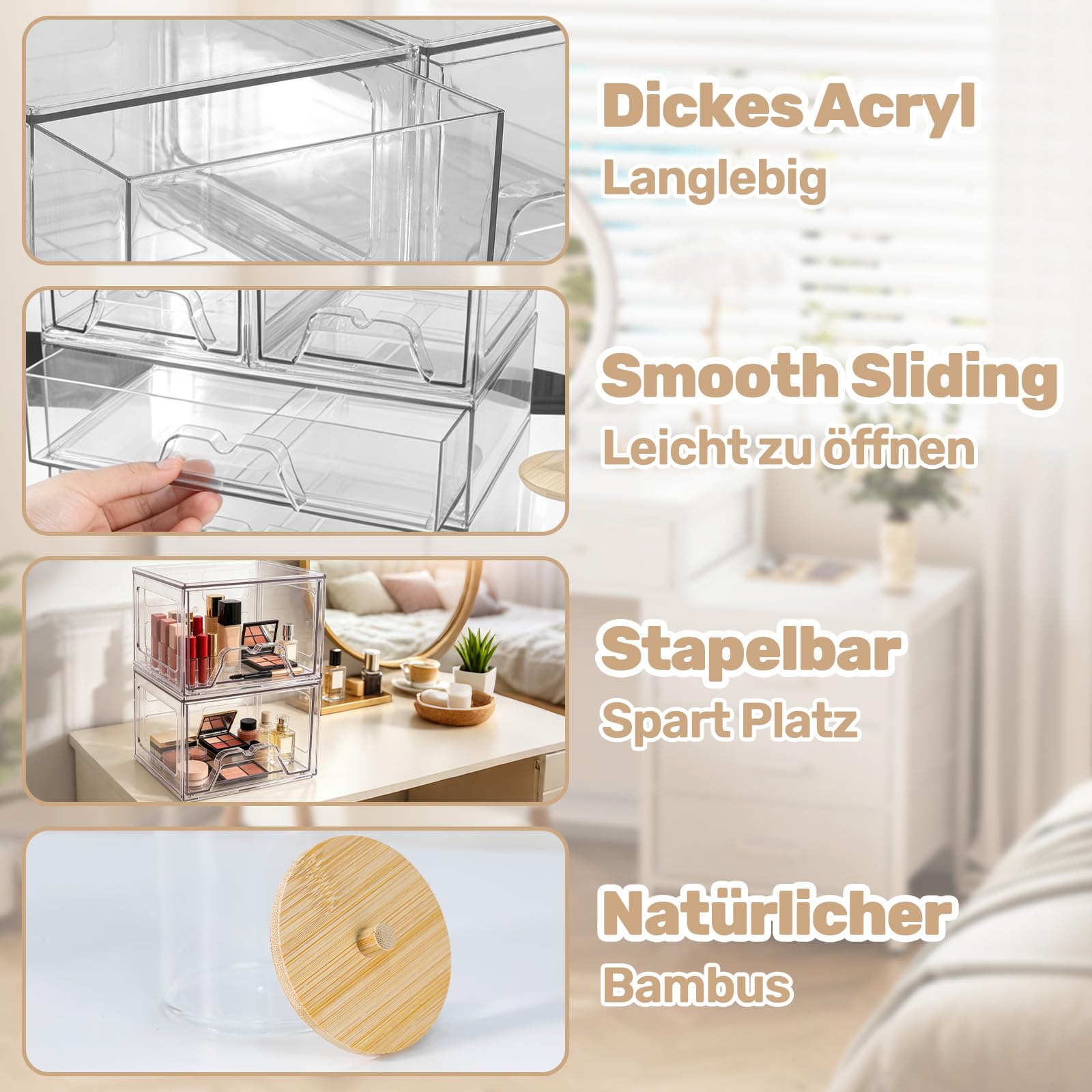 Stapelbare 4 Schubladen Kosmetik Organizer,Wattepads Aufbewahrung
