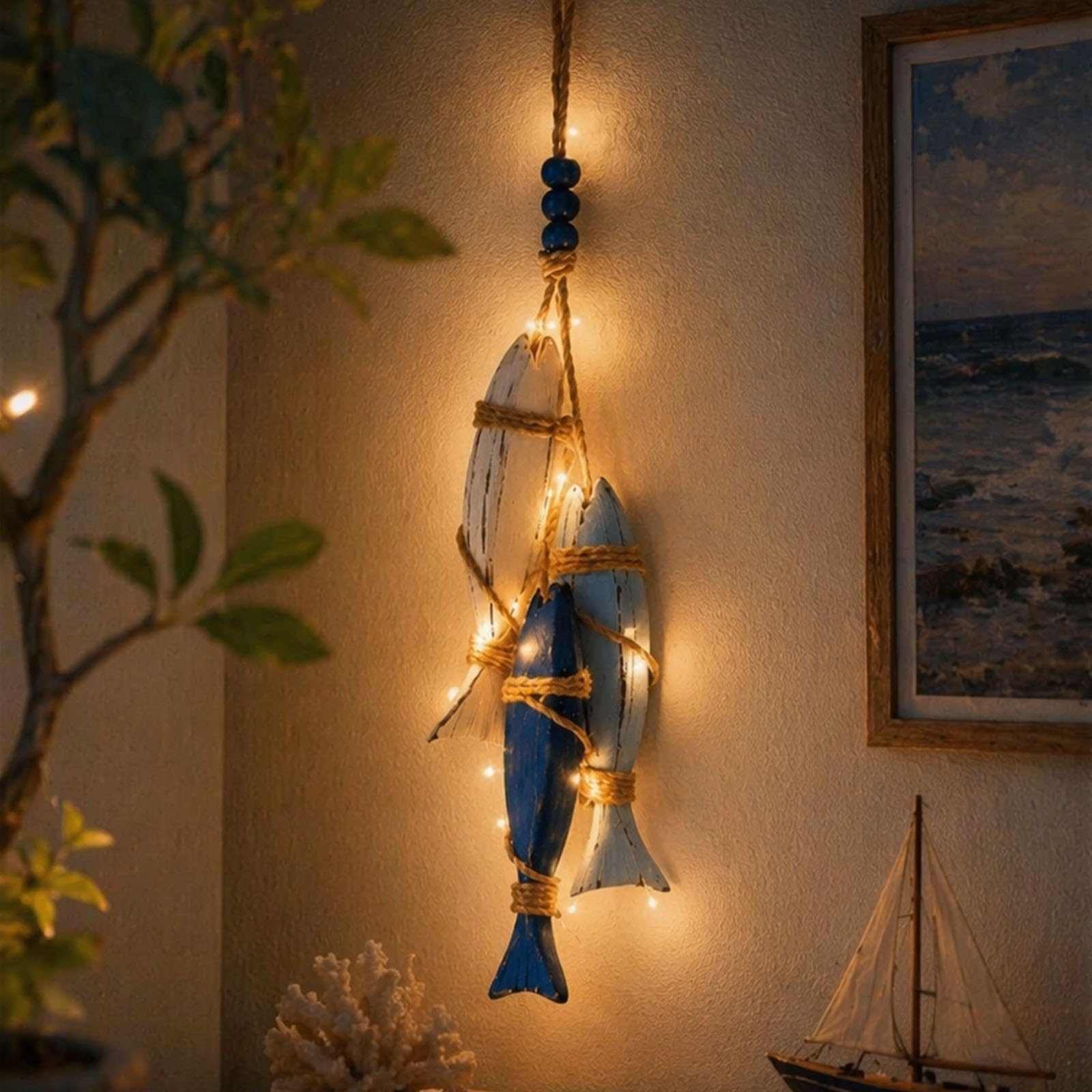 Mediterranean Nautical Wall Hanging Decor, Wooden Starfish and Fish Hanging