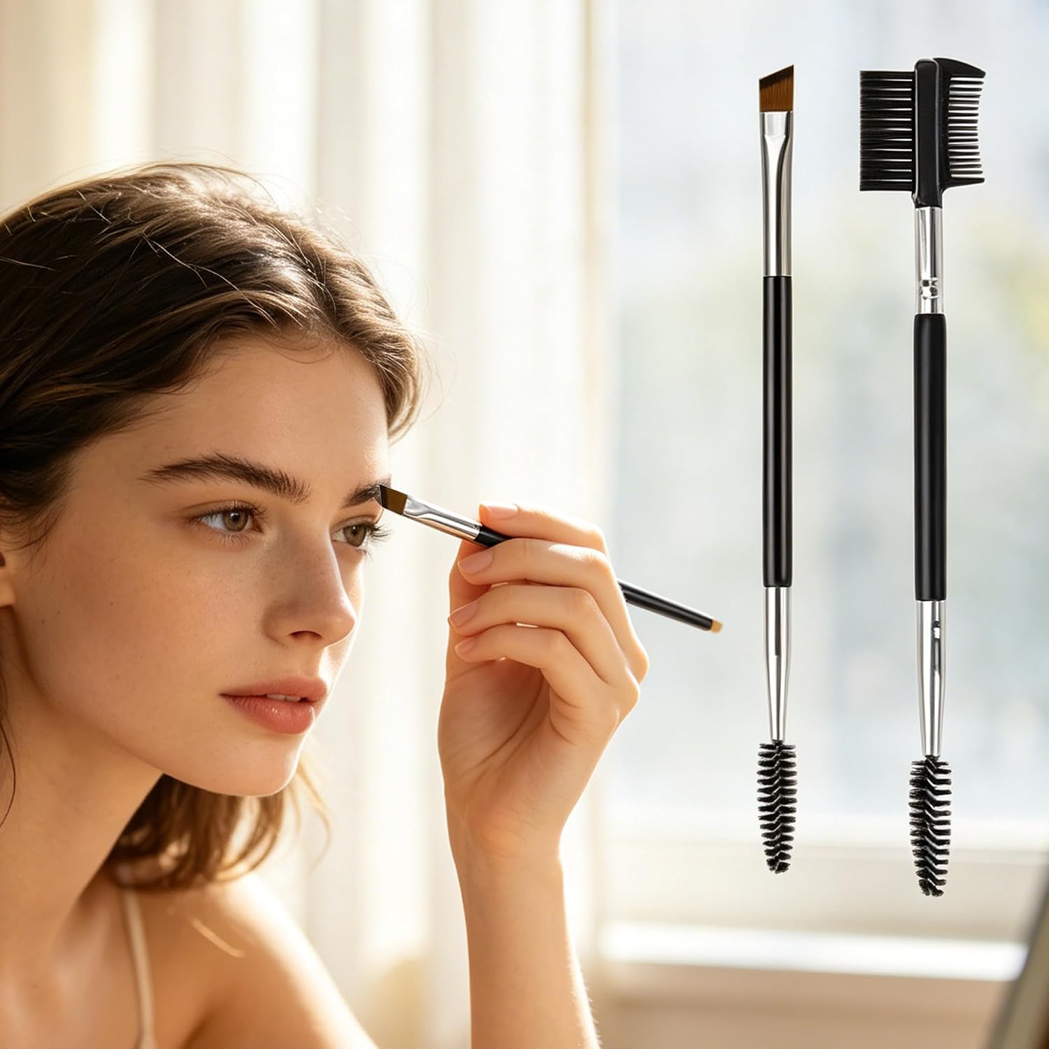 2 Pcs Dual-Ended Eyebrow Brush and Eyelash Comb, Spoolie Brow Grooming Tool with Separator for Mascara Clumps, Travel Size Makeup Brush Set, Black