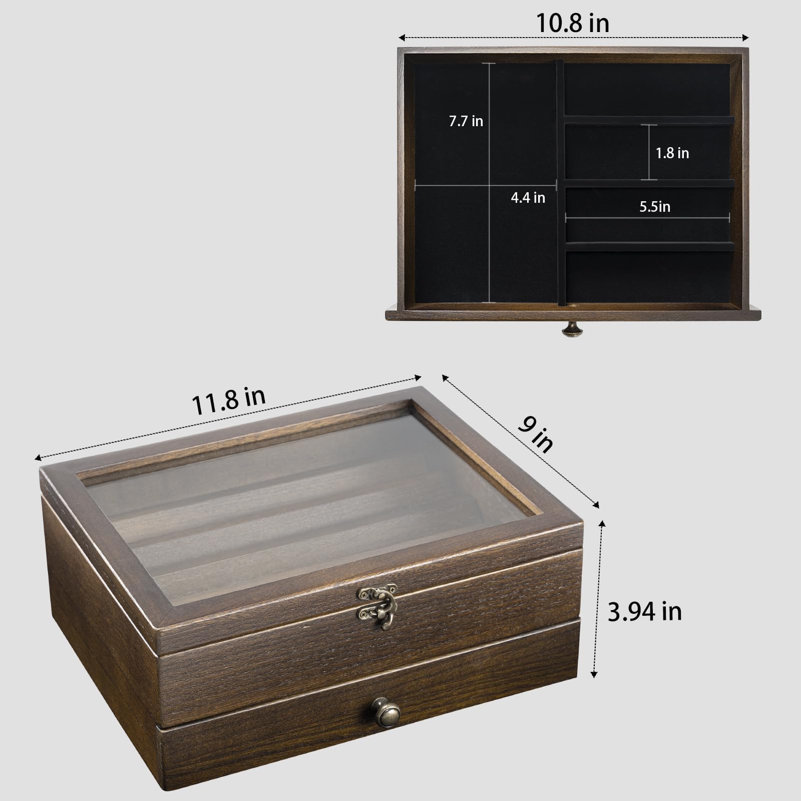 Messer-Vitrine, Messersammlungs-Präsentationsständer mit Glasdeckel, 2 Etagen Taschenmesserkoffer aus Holz mit Schubladen, für Aufbewahrung Verschiedene Messer, Heimdekoration (Walnuss)