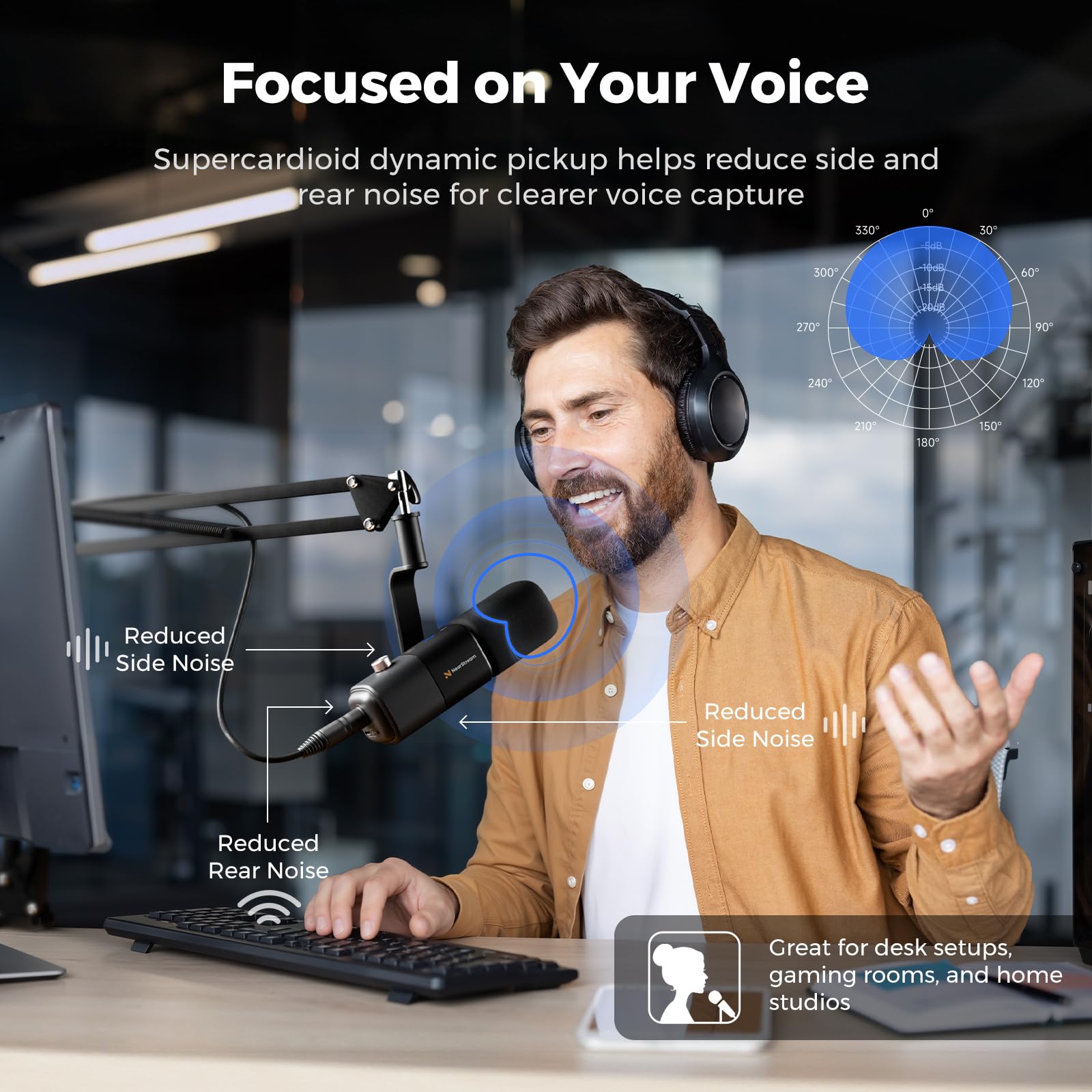 NearStream Microphone baladodiffusion XLR/USB avec bras de perche robuste, microphone dynamique pour PC/mixeur audio/PS5/jeu/streaming, microphone de studio avec suppression du bruit, moniteur de son,