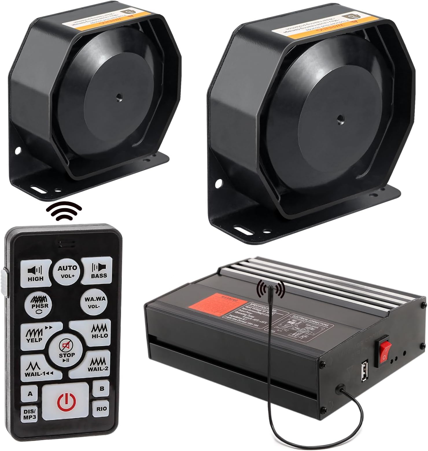 12V 400W 20 Tones Warning Emergency Siren PA System [2 x Slim Speaker][Wireless Remote Handheld Microphone][2 x 10A Switches] for Vehicles Truck Car SUV ATV UTV