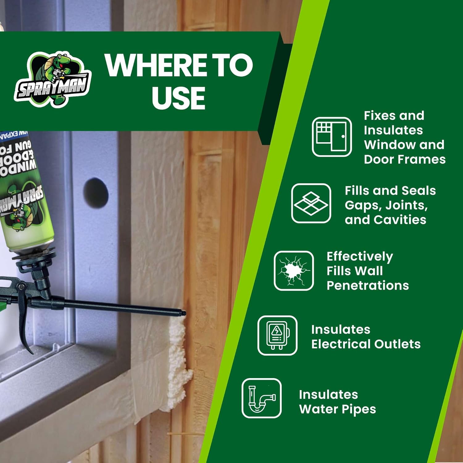 Sprayman Window & Door Expanding Spray Foam - (2x24oz) Low Expansion Polyurethane Spray Foam for Doors, Windows & Walls, Gun Use & Reuseable, Gun&Cleaner Included - 2 Pack
