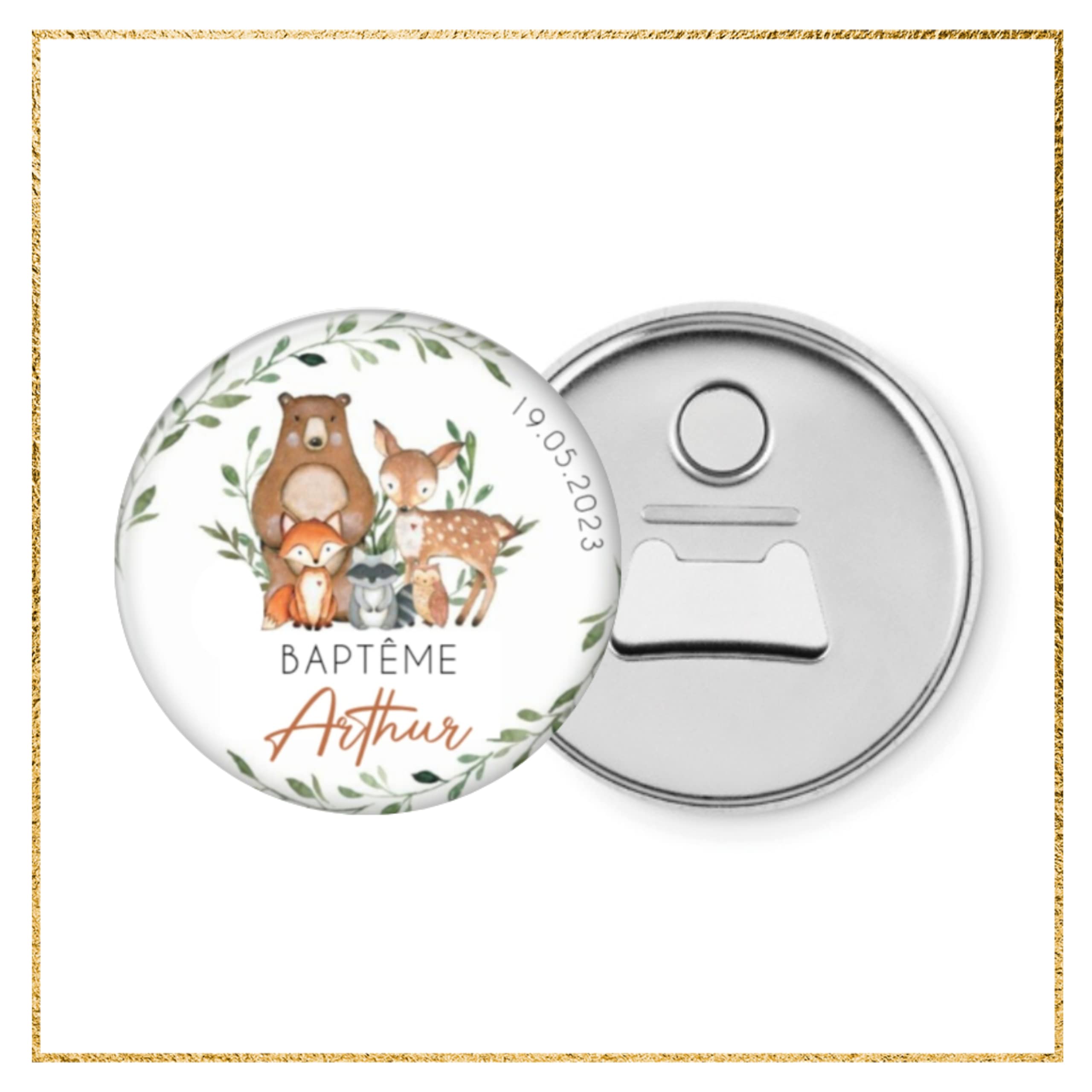 Ouvre bouteille - Décapsuleur/Miroir de poche/Magnet aimant/Cadeaux invités personnalisés x10 / Baptême communion anniversaire/Cadeau personnalisé enfant fille garçon/Thème animaux forêt