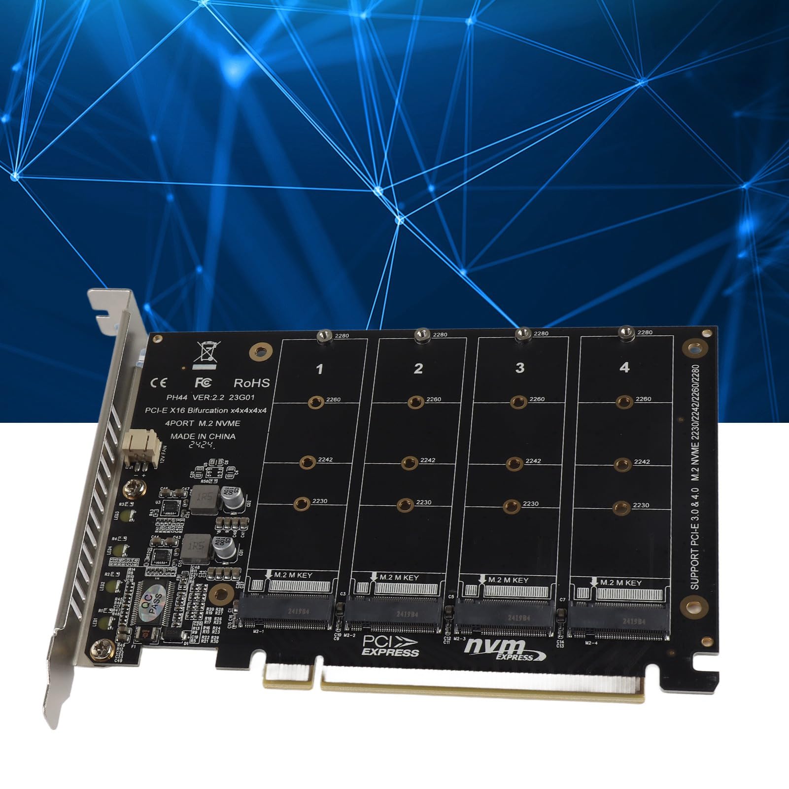 Tarjeta adaptadora, 4 puertos M.2 NVMe SSD a PCIE X16 M Key Hard Drive Converter, lector, tarjeta de expansión, soporta PCIE Split o PCIE RAID función, protocolo de transmisión PCIE 3.0, protocolo de