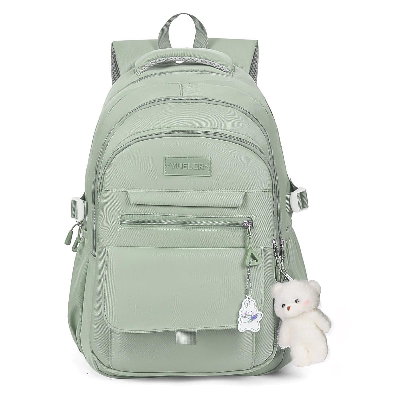 PRLINJSK Girls Backpack for College High Middle School Student, Cute Aesthetic Bookbag for Teens Women with Accessories,Green