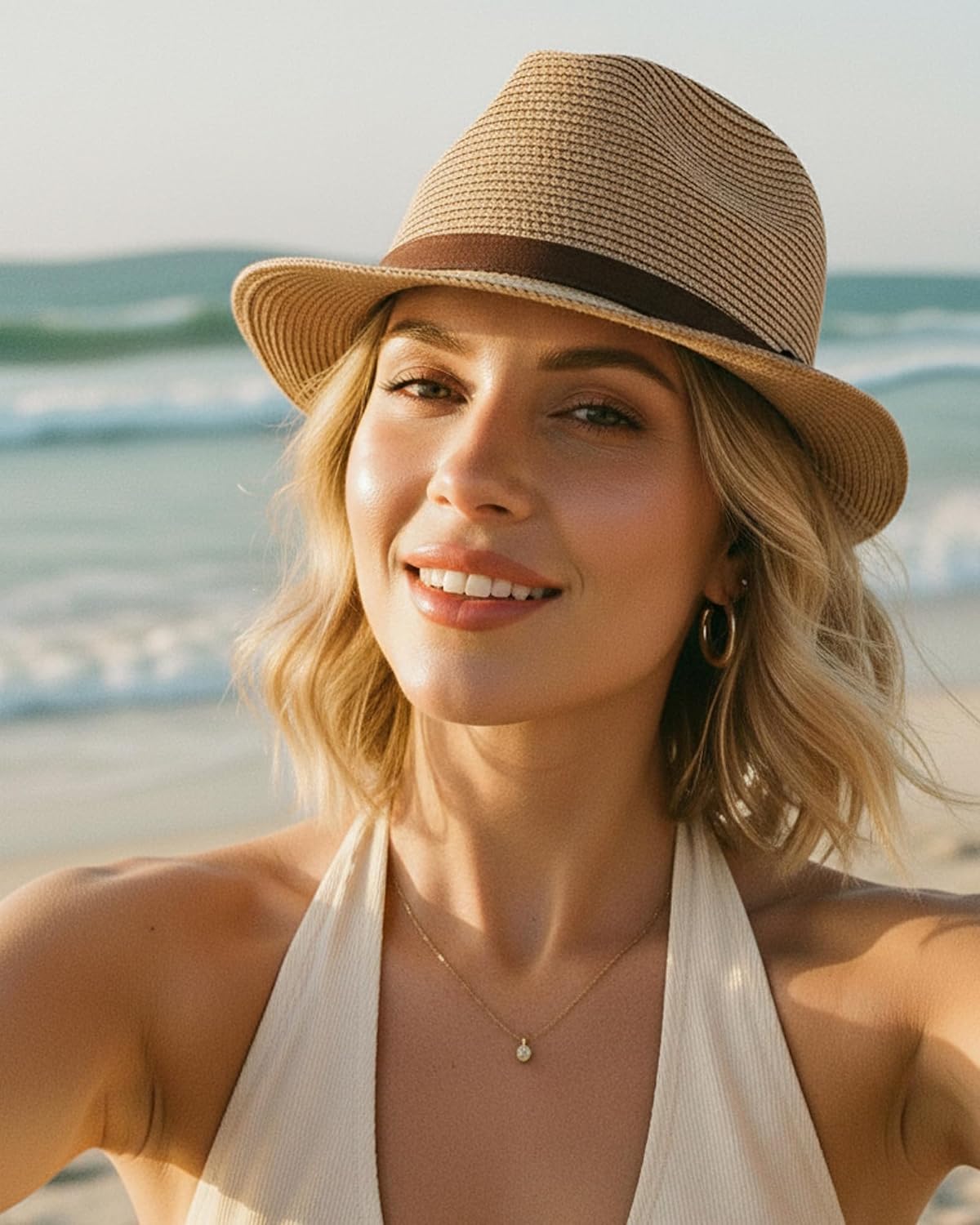 Fedora Straw Sun Hat for Men Women Short Brim Trilby Hat Panama Beach Hat UPF 50+