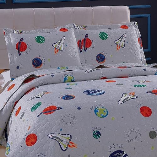 Miniatura 2 de Colcha espacial de verano de 3 piezas, tamaño twin, para niños, planeta, cobertor de cama, juego de colcha ligera, manta, ropa de cama de universo -
