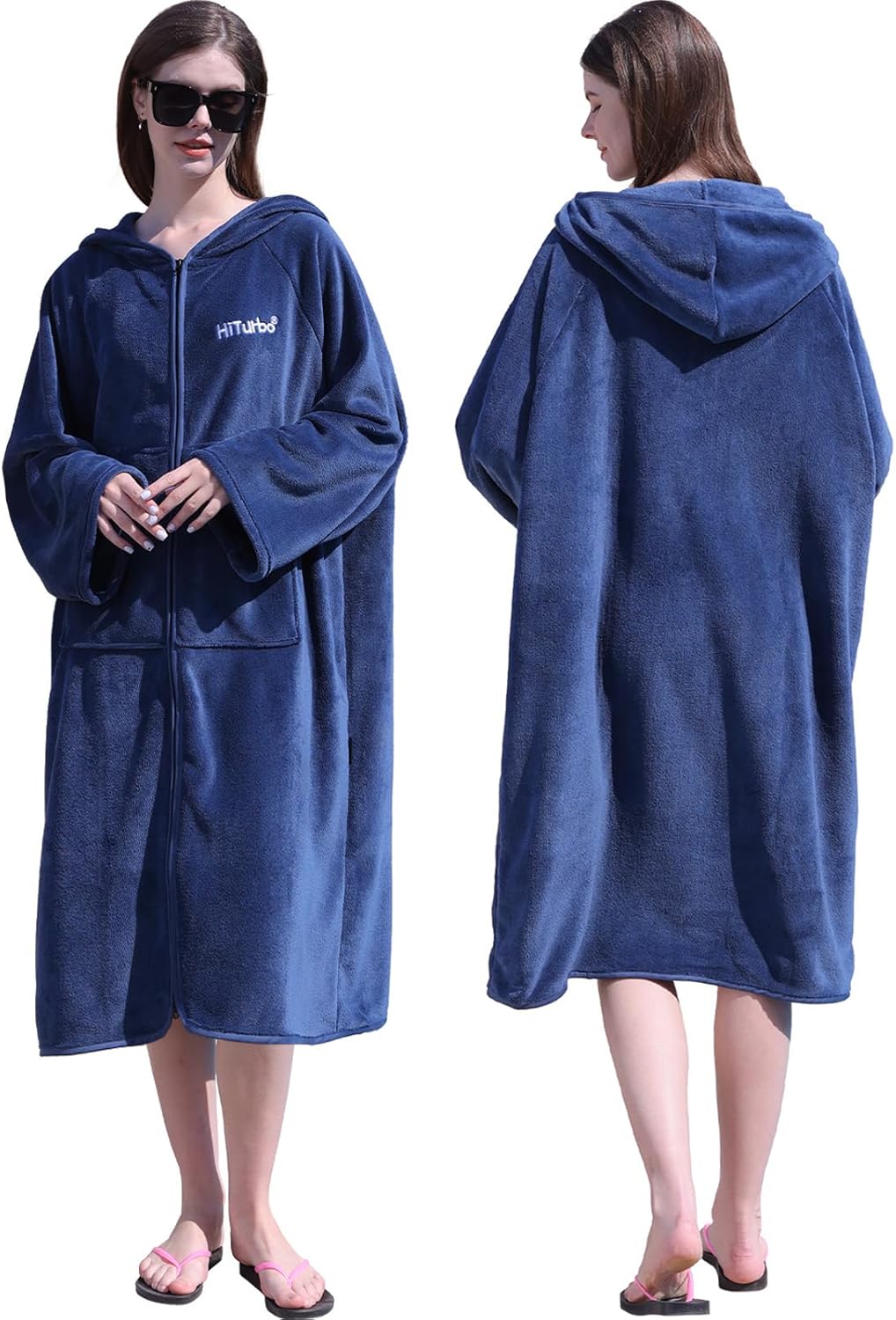 Hiturbo Surf Poncho Zipper Towel Hoodie: Oversized Hooded Wetsuit Changing Robe with Pocket - Plush Coral Fleece Swimwear for Home Beach Pool Bath - Navy