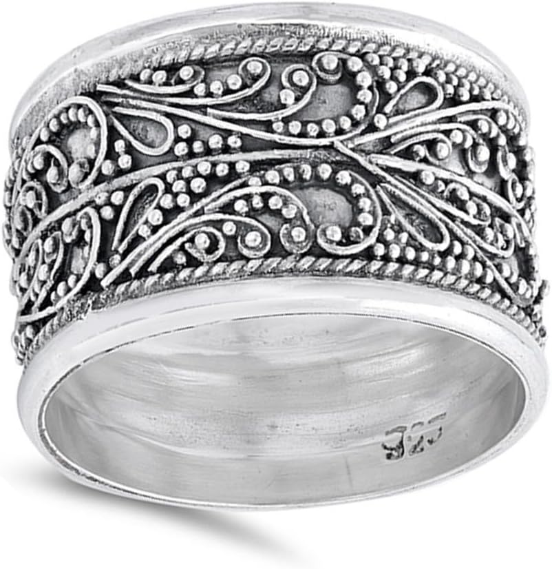 Handmade Wide Vintage Filigree Bali Bead Ring Sterling Silver Band Sizes 6-10