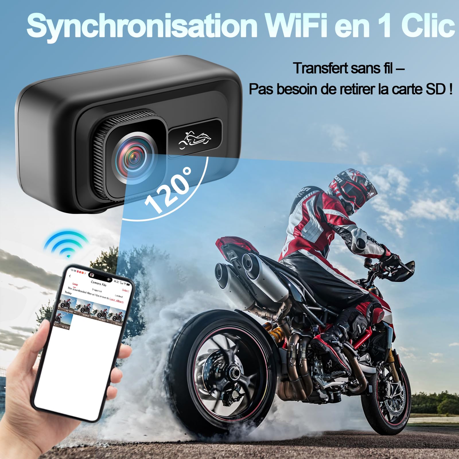 Camera Moto, WiFi 2K & Grand Angle 120° Camera Sport, Verrouillage en Cas de Collision avec Capteur G Action Cam, Norme IP65 pour Motos, Sports de Plein Air