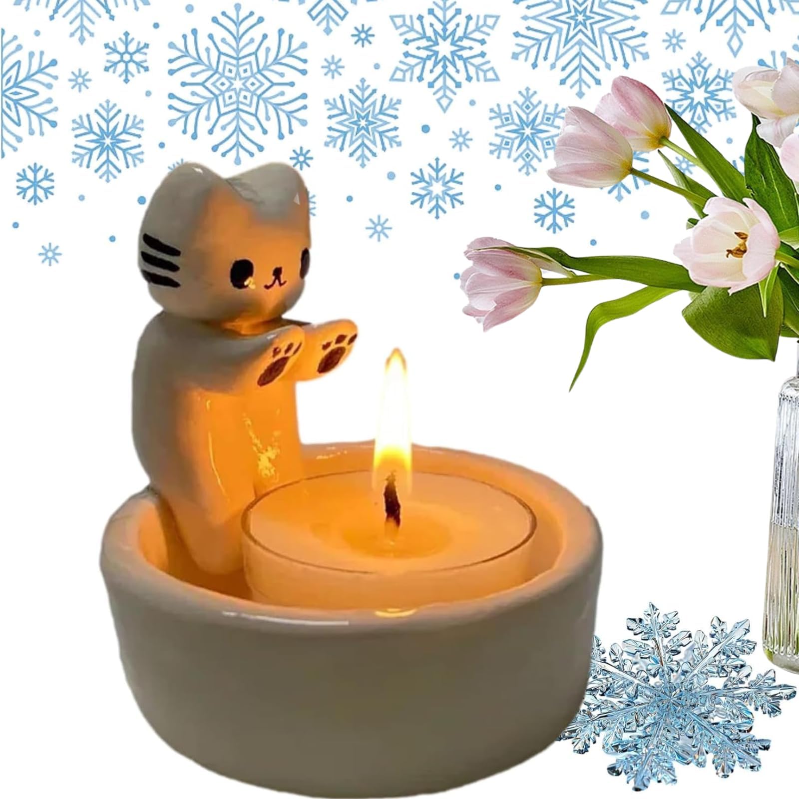 Cartoon Kitten Candle Holder, Kitty Warming Its Paws Cute