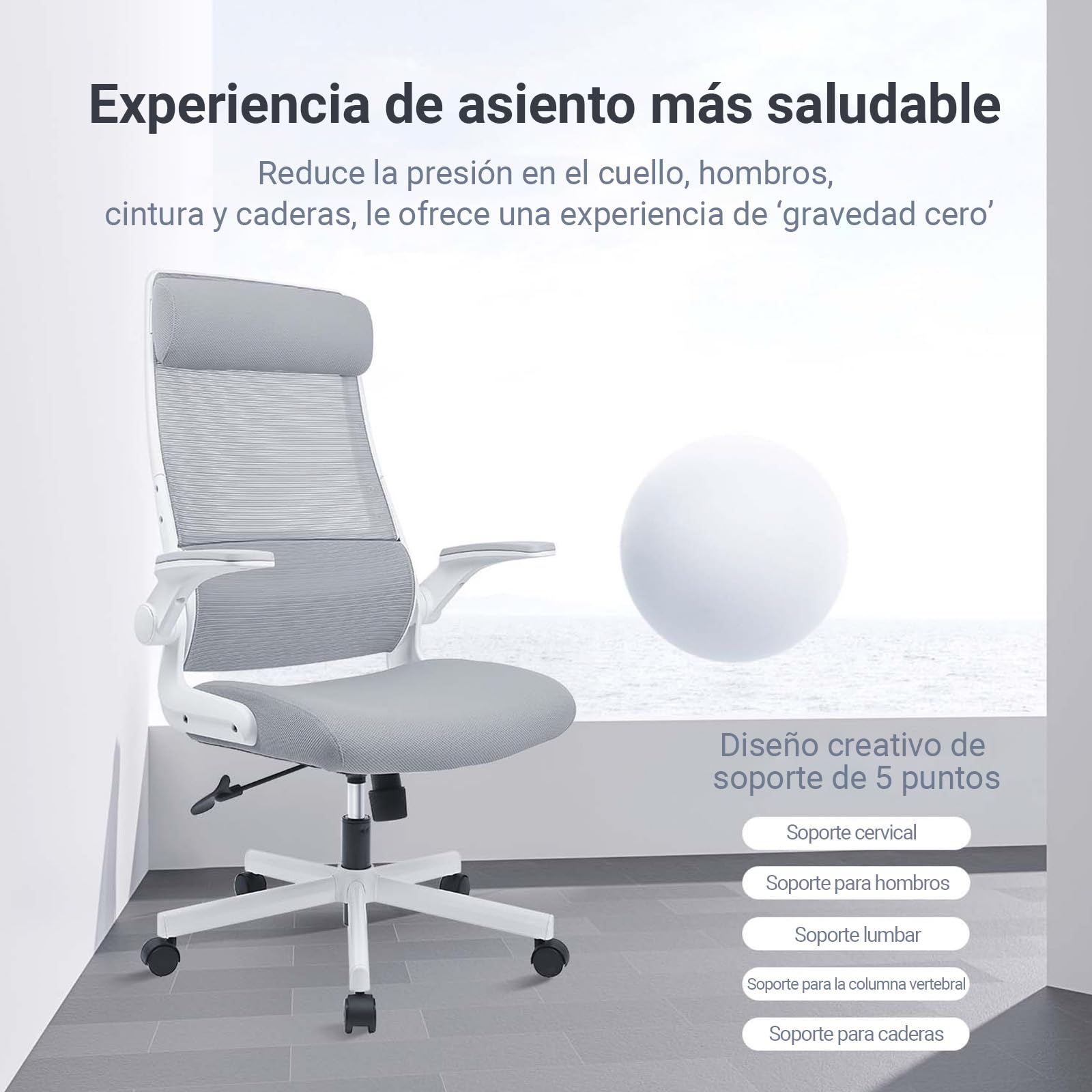 MELOKEA Silla de Oficina, Silla de Escritorio, Reposabrazos Abatibles, Gris | Reposacabezas Ajustable, Asiento Mullido, Soporte Lumbar Ergonómico, Transpirable, Ahorro de Espacio, Certificada EN 1335