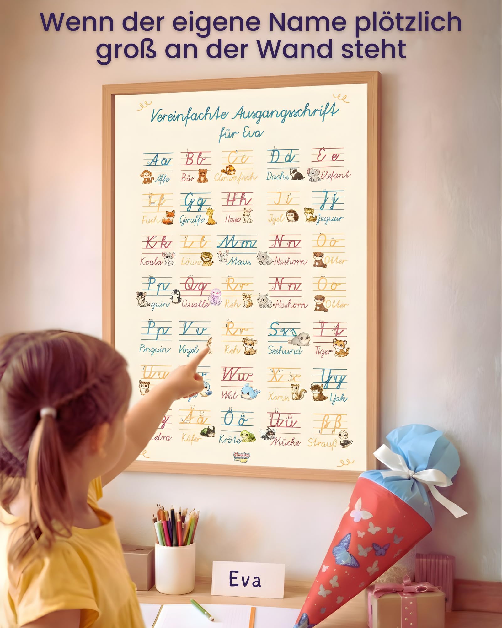 Personalisiertes ABC Schreibschrift Lernposter A2 - Vereinfachte Ausgangsschrift (VA) - Alphabet Poster mit Groß- und Kleinbuchstaben für die Grundschule - mit Wunschname