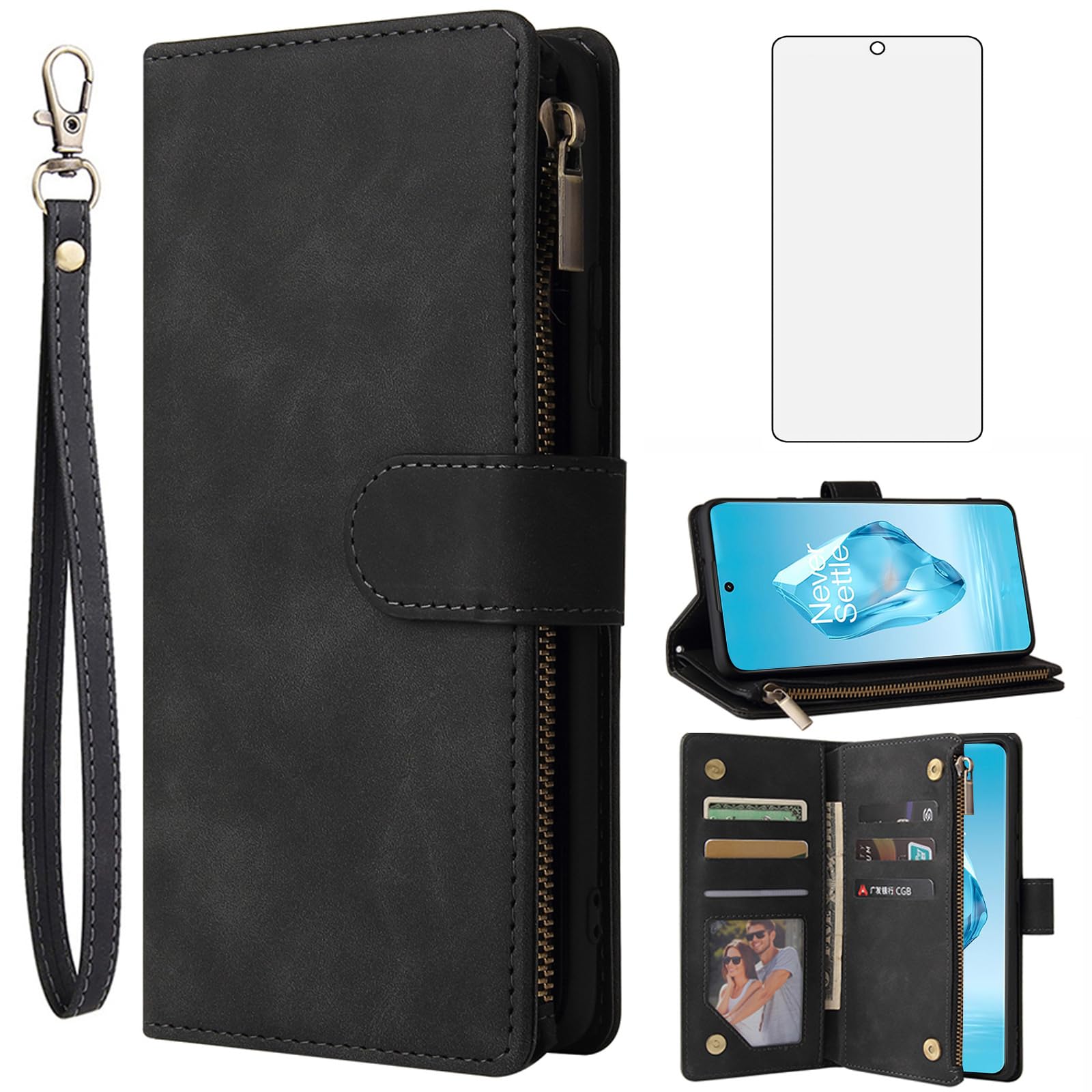 Asuwish Compatible with OnePlus 12R 5G/Ace 3 2024 Wallet Case Tempered Glass Screen Protector and Leather Flip Cover Card Holder Cell Accessories TPU